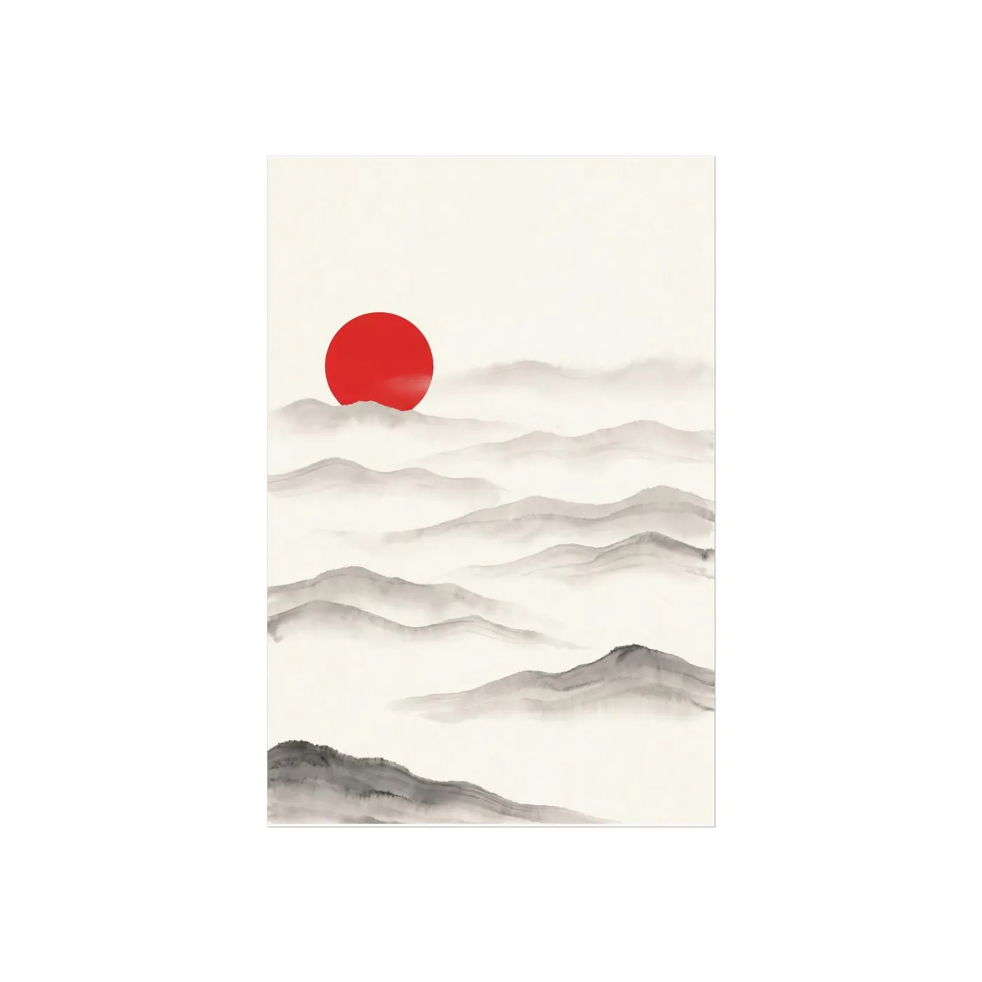 Distant Mountain Ridges in Fog | Black & White Sumi-e Ink Mountain Wall Art | Poster Print