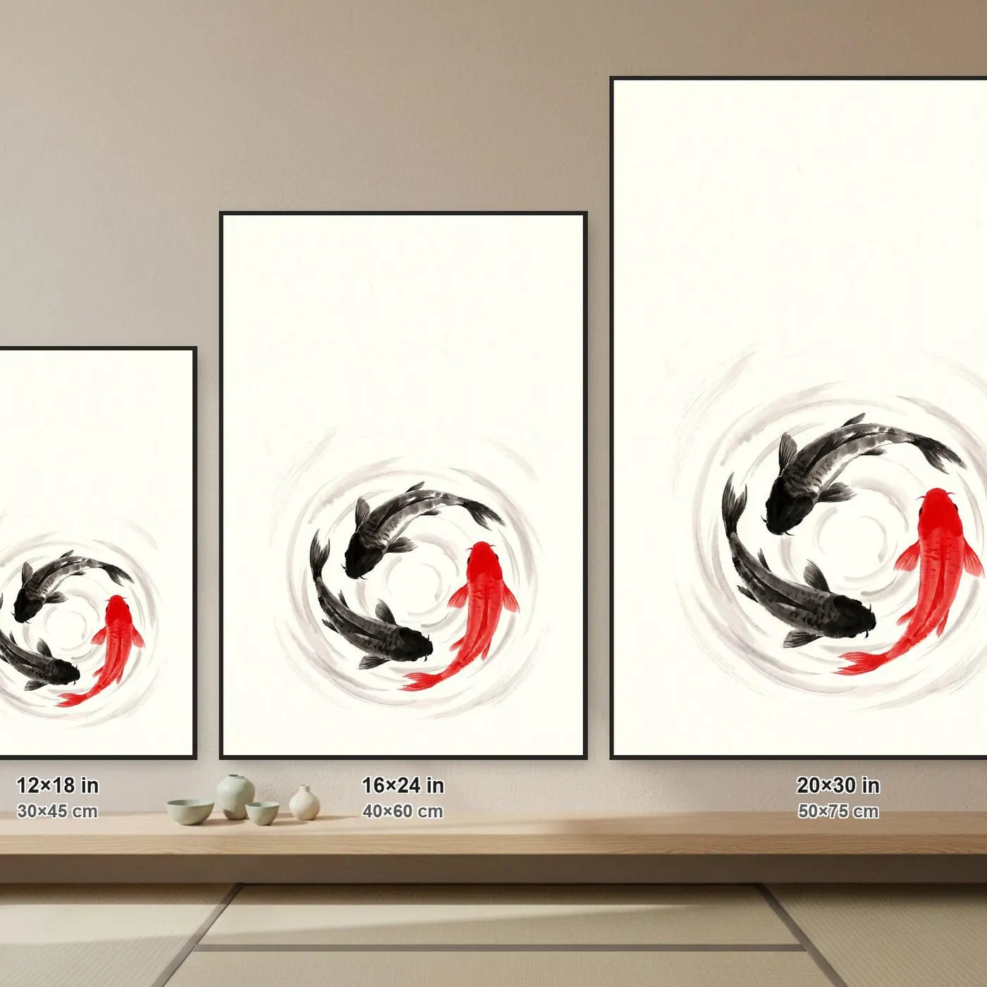 Koi Fish Wall Art | Circle Sumi-e Ink Print | Black and White Zen Decor | A1 Ready Poster Print | Living Room Decor