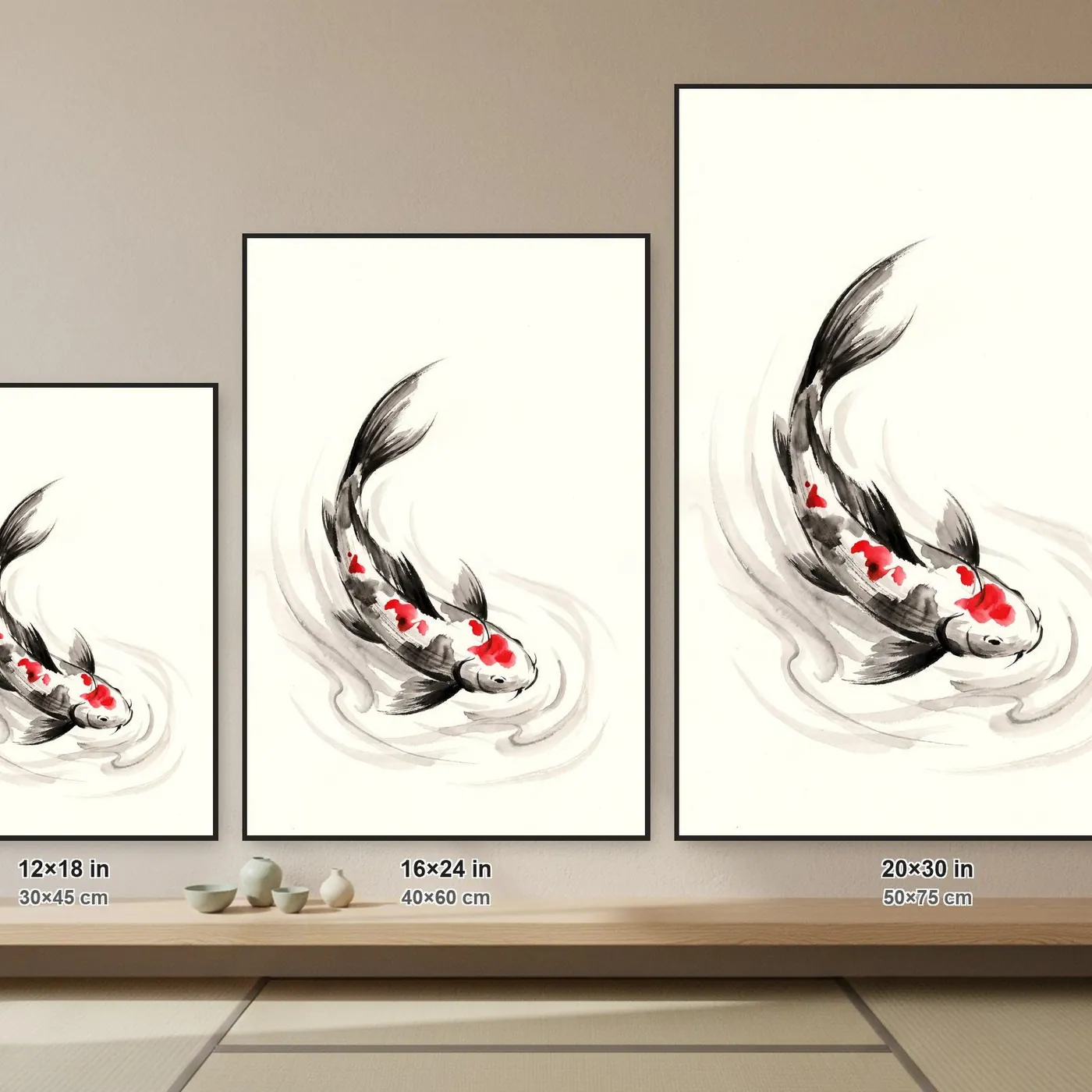 Koi Fish Ink Art Print | Black and White Japanese Wall Art, Minimalist Poster