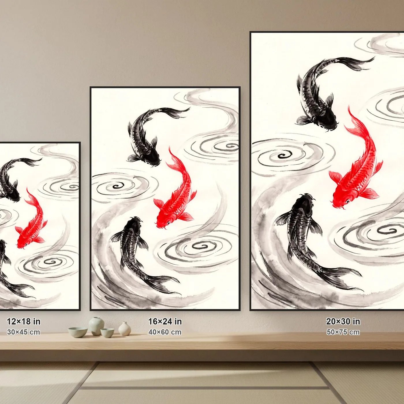 Koi Fish Wall Art | Three Sumi-e Ink Print | Black and White Zen Decor | A1 Ready Poster Print | Living Room Decor