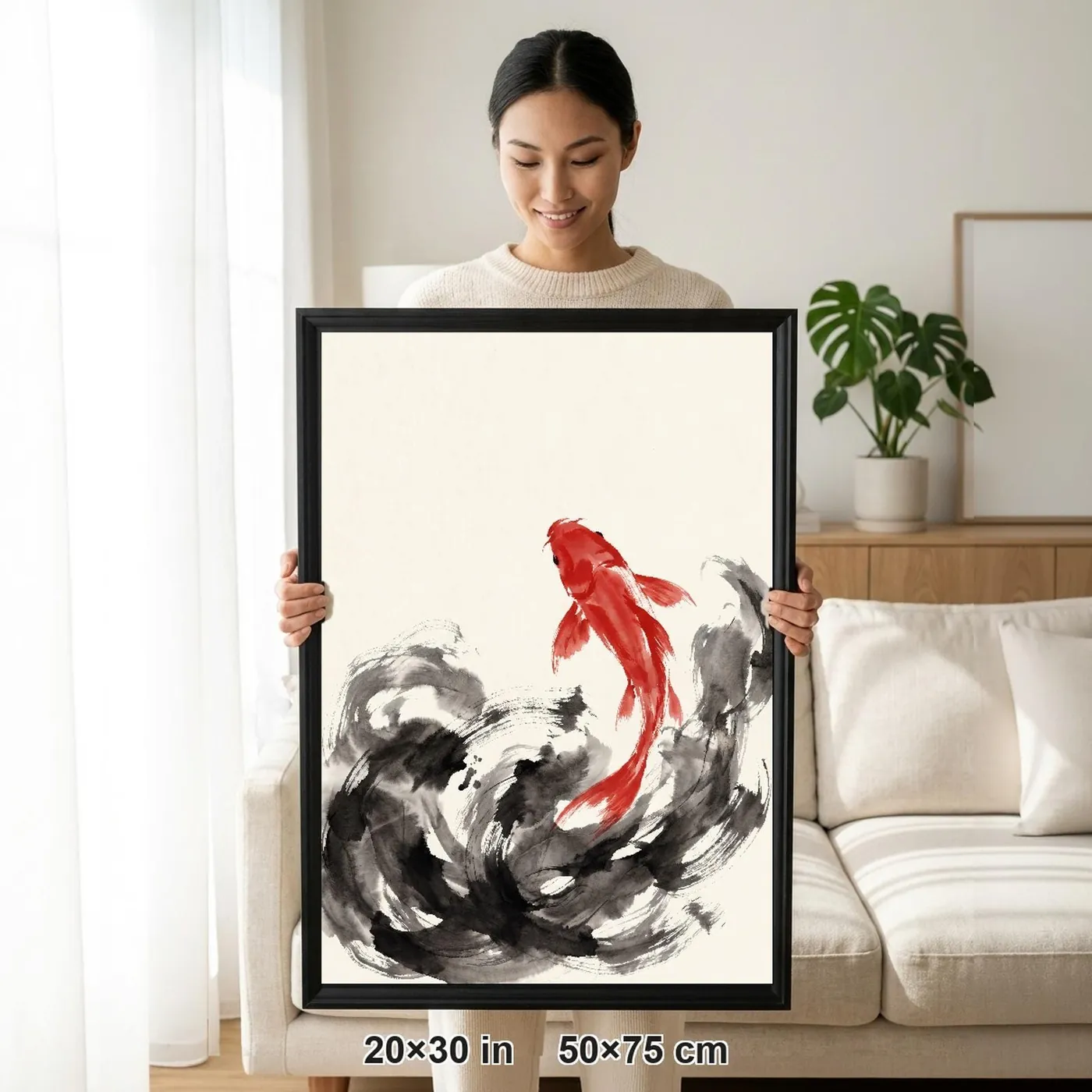 Framed Japanese Wall Art | Koi Fish Ascending Sumi-e Ink Print | Black and White Zen Decor | A1 Ready Poster Print