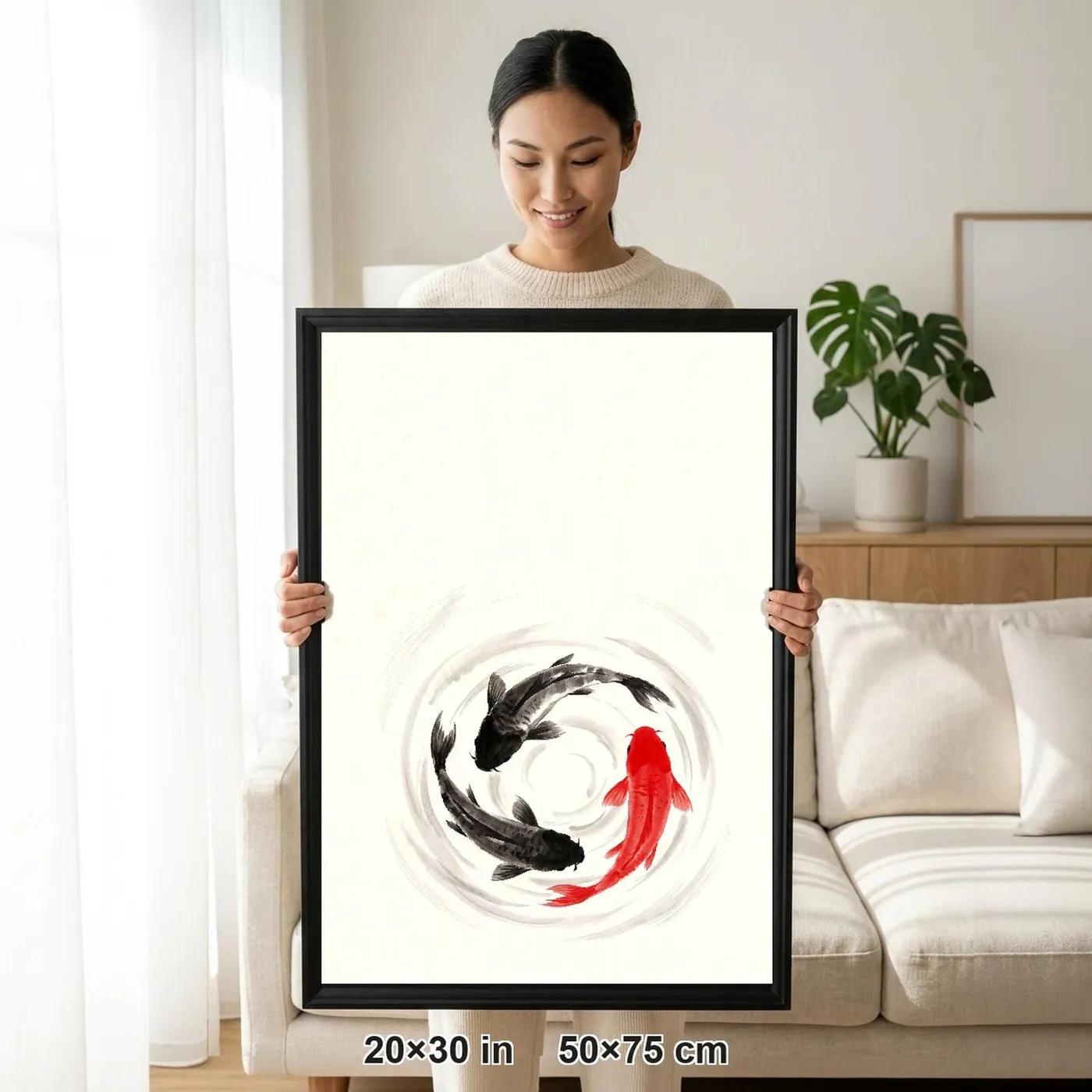 Framed Japanese Wall Art | Koi Fish Circle Sumi-e Ink Print | Black and White Zen Decor | A1 Ready Poster Print