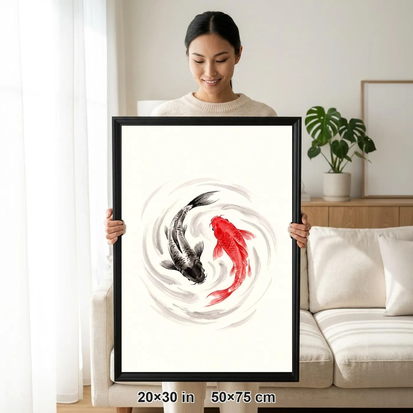 Framed Japanese Wall Art | Koi Fish Pair Sumi-e Ink Print | Black and White Zen Decor | A1 Ready Poster Print