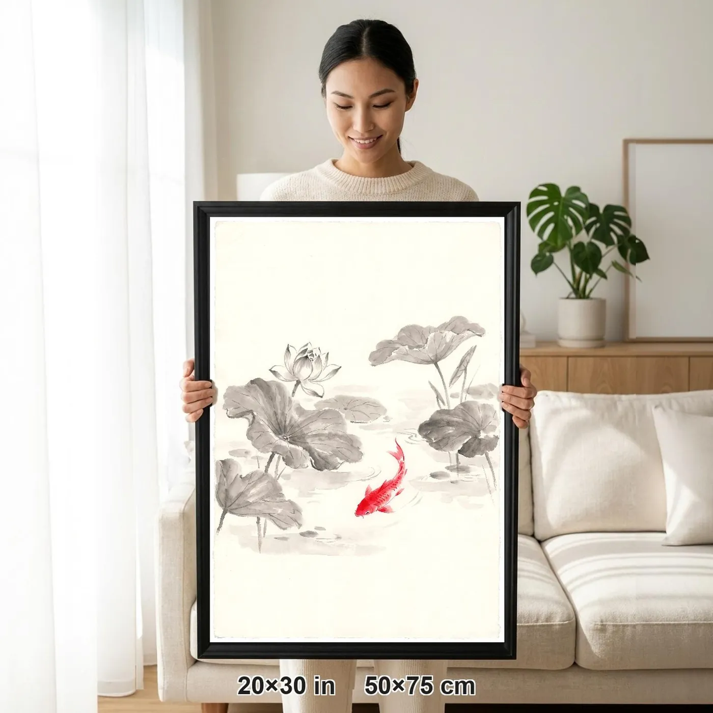 Framed Japanese Wall Art | Koi Fish Pond Lotus Sumi-e Ink Print | Black and White Zen Decor | A1 Ready Poster Print