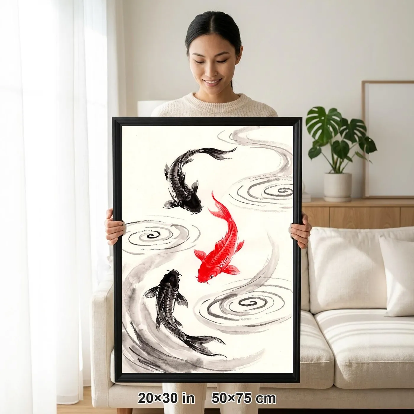 Framed Japanese Wall Art | Koi Fish Three Sumi-e Ink Print | Black and White Zen Decor | A1 Ready Poster Print