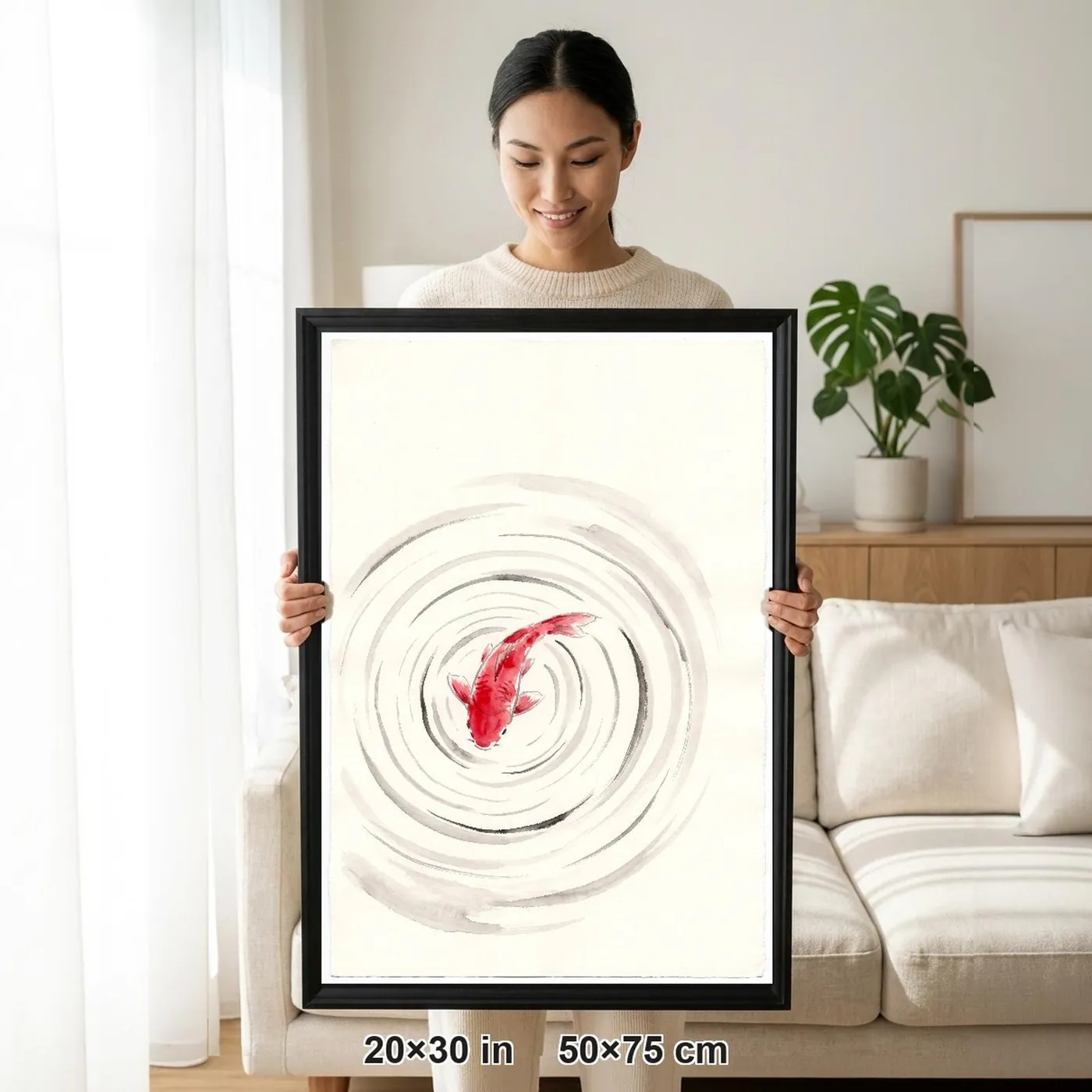 Framed Japanese Wall Art | Koi Fish Ripples Sumi-e Ink Print | Black and White Zen Decor | A1 Ready Poster Print