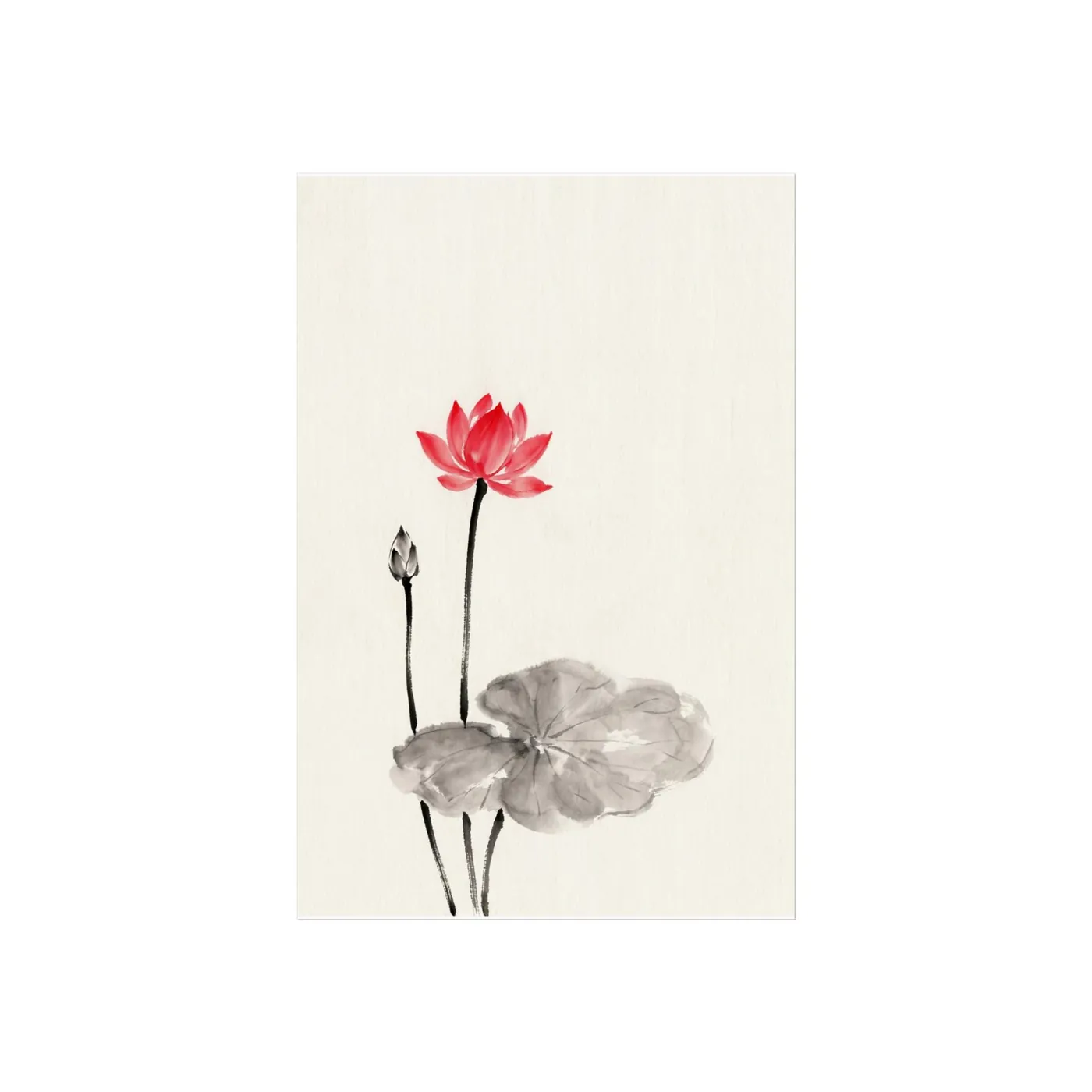 Botanical Wall Art | Lotus Flower Sumi-e Ink Print | Black and White Zen Decor | A1 Ready Poster Print | Living Room Decor