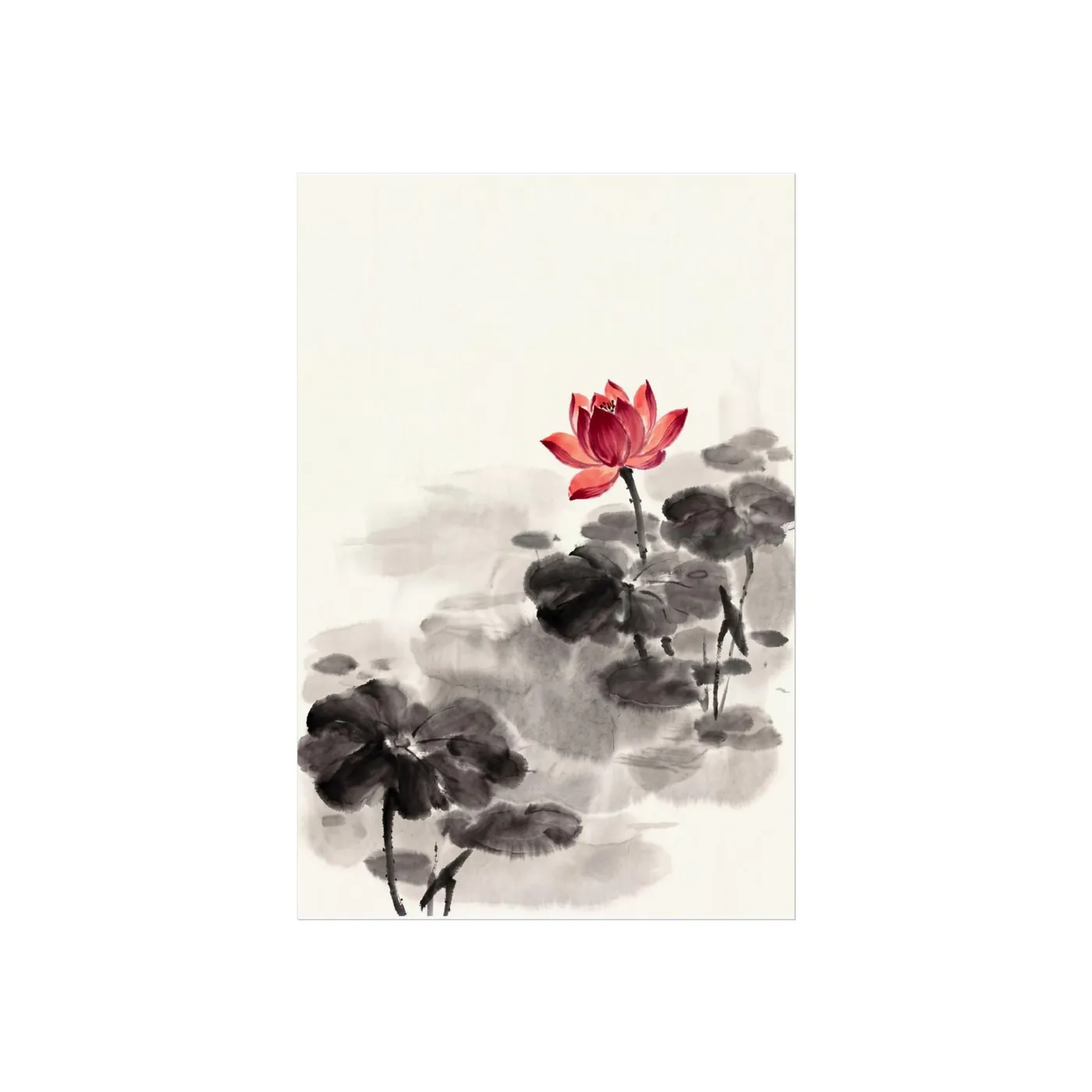 Botanical Wall Art | Serene Pond Lotus Flower Sumi-e Ink Print | Black and White Zen Decor | A1 Ready Poster Print