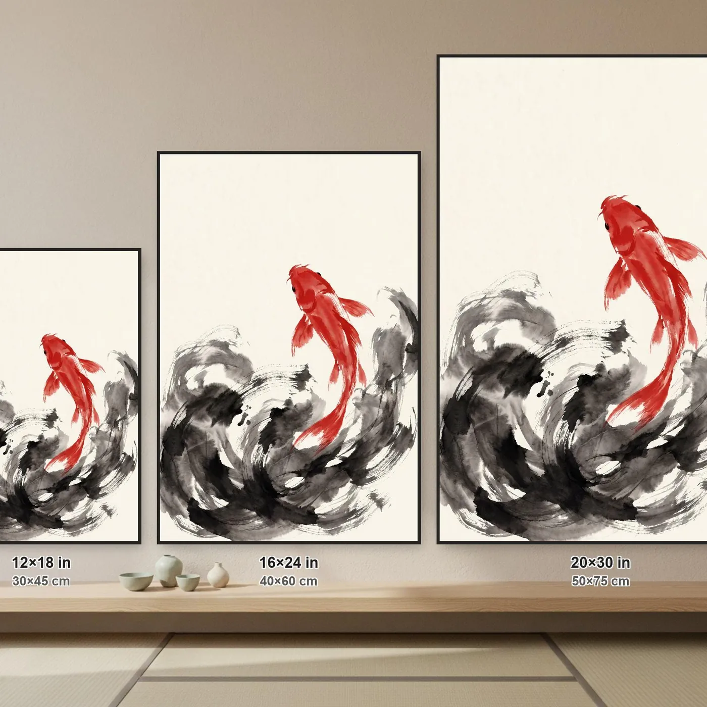 Koi Fish Wall Art | Ascending Sumi-e Ink Print | Black and White Zen Decor | A1 Ready Poster Print | Living Room Decor