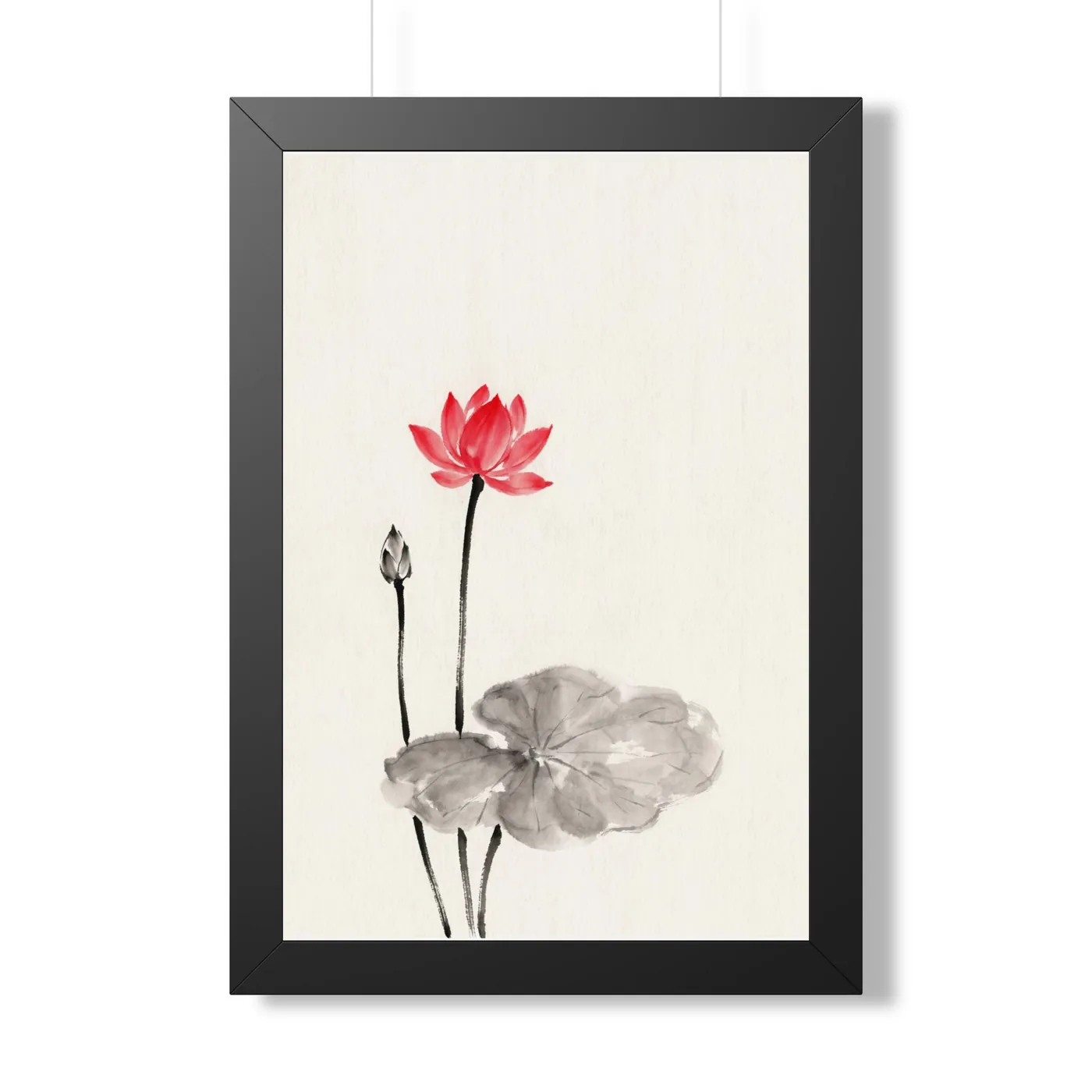 Framed Japanese Wall Art | Lotus Flower Pair Sumi-e Ink Print | Black and White Zen Decor | A1 Ready Poster Print