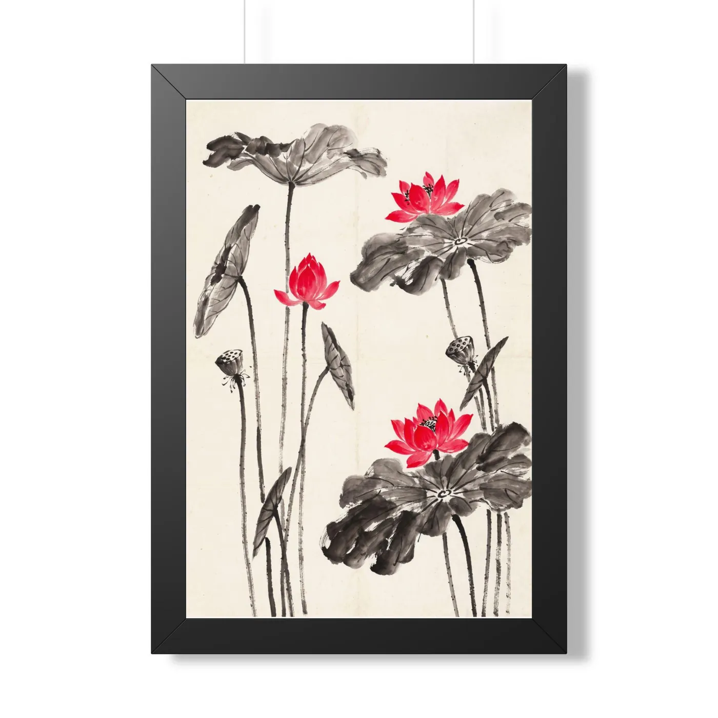 Framed Japanese Wall Art | Lotus Flower Stems Sumi-e Ink Print | Black and White Zen Decor | A1 Ready Poster Print