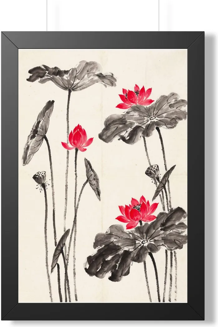 Framed Japanese Wall Art | Lotus Flower Stems Sumi-e Ink Print | Black and White Zen Decor | A1 Ready Poster Print