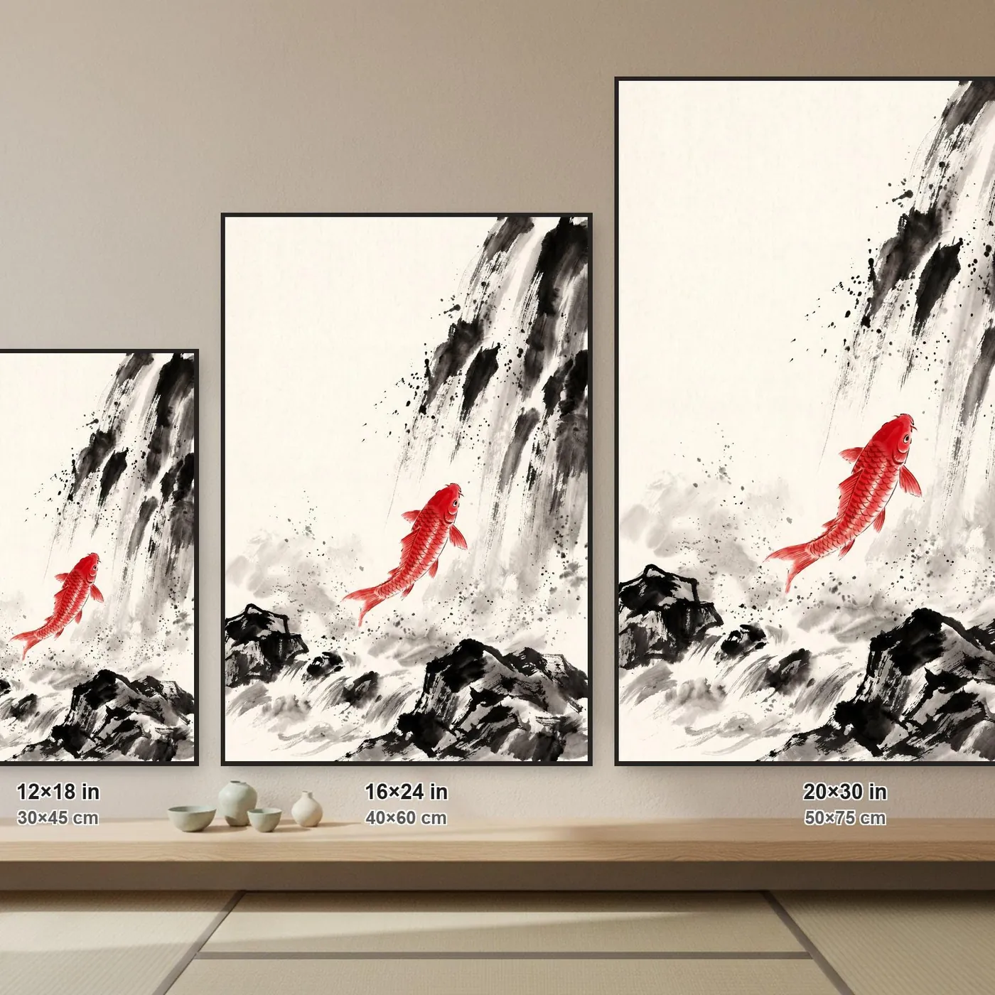 Koi Fish Wall Art | Serene Waterfall Sumi-e Ink Print | Black and White Zen Decor | A1 Ready Poster Print