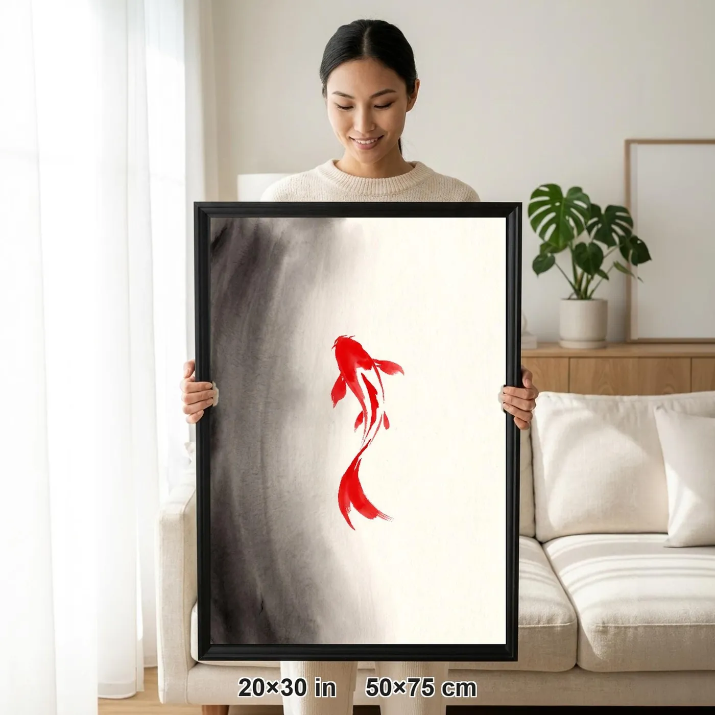 Framed Japanese Wall Art | Koi Fish Sumi-e Ink Print | Black and White Zen Decor | A1 Ready Poster Print | Living Room Decor