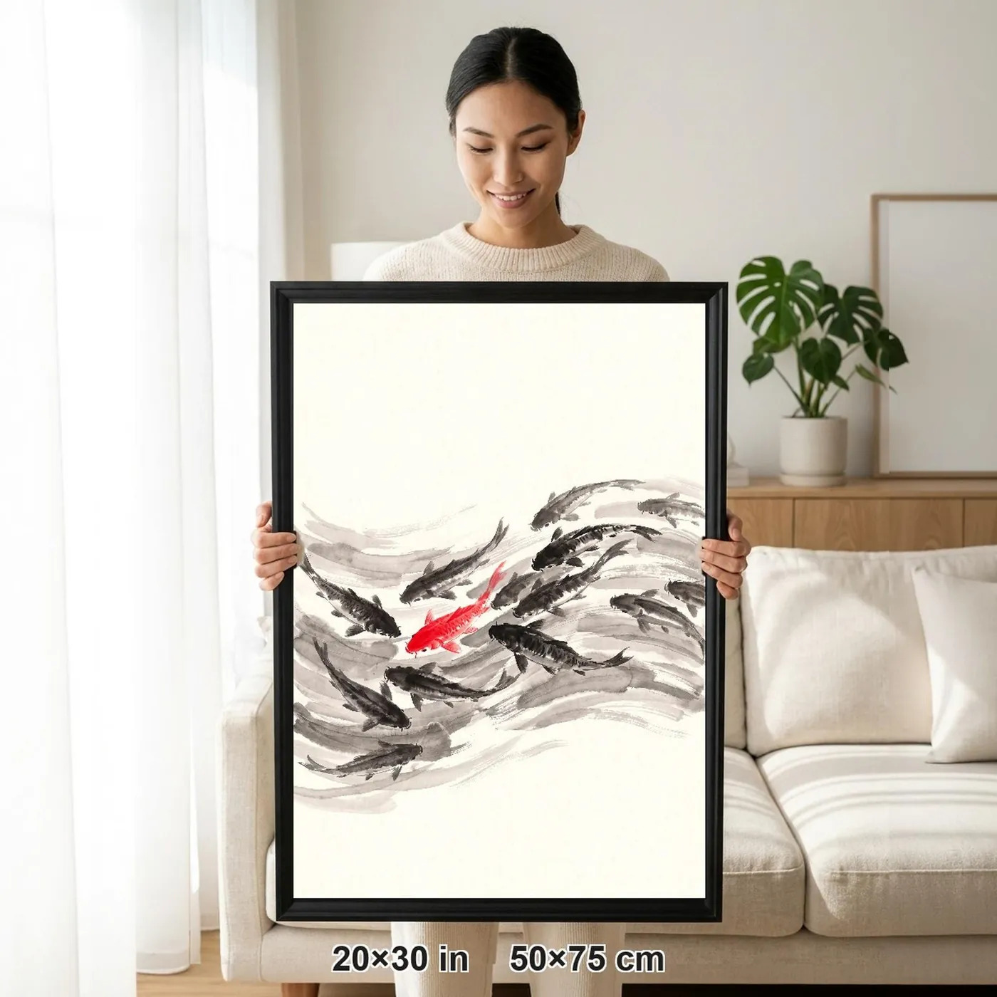 Framed Japanese Wall Art | Koi Fish School Sumi-e Ink Print | Black and White Zen Decor | A1 Ready Poster Print