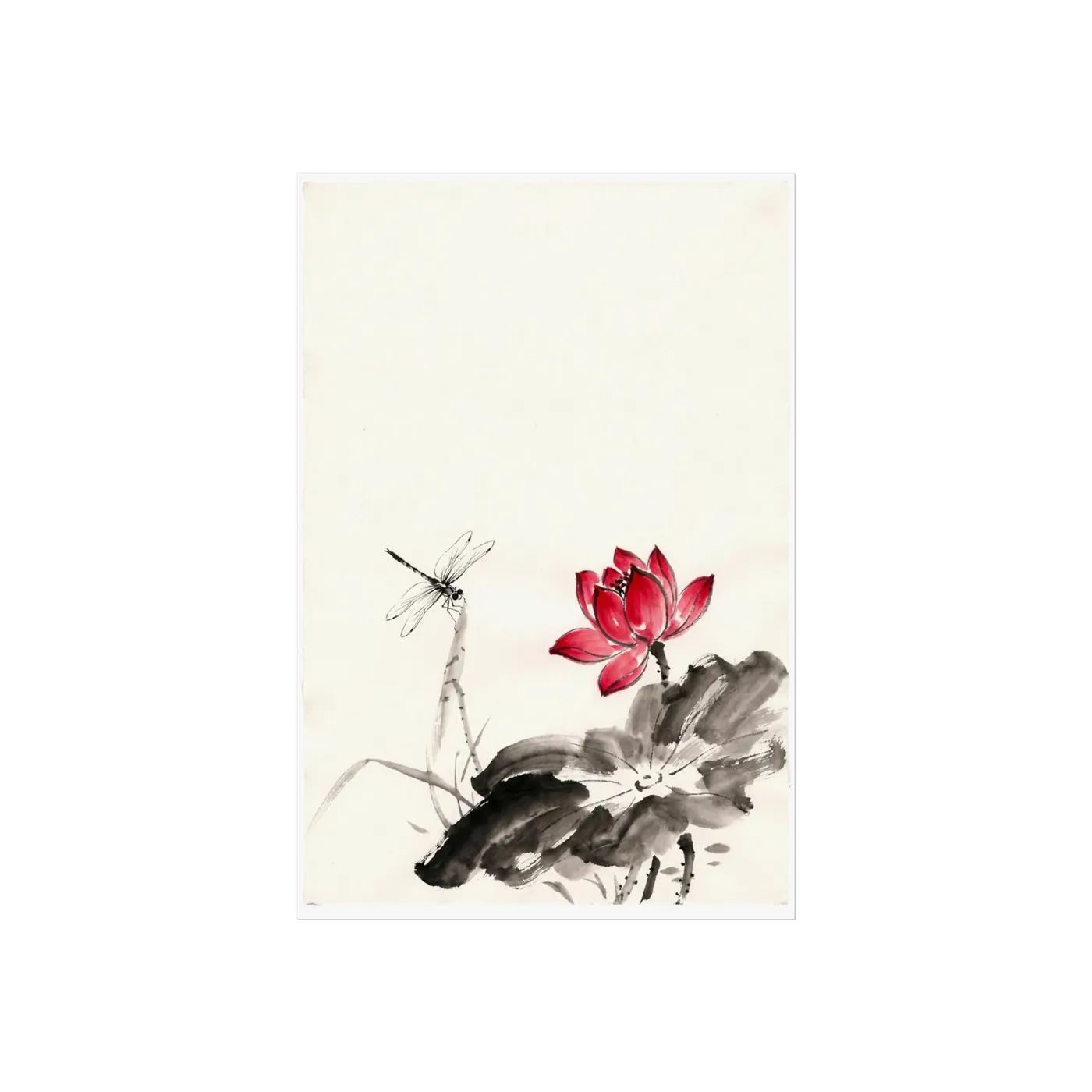Japanese Dragon Wall Art | Dragonfly Lotus Flower Sumi-e Ink Print | Black and White Zen Decor | A1 Ready Poster Print