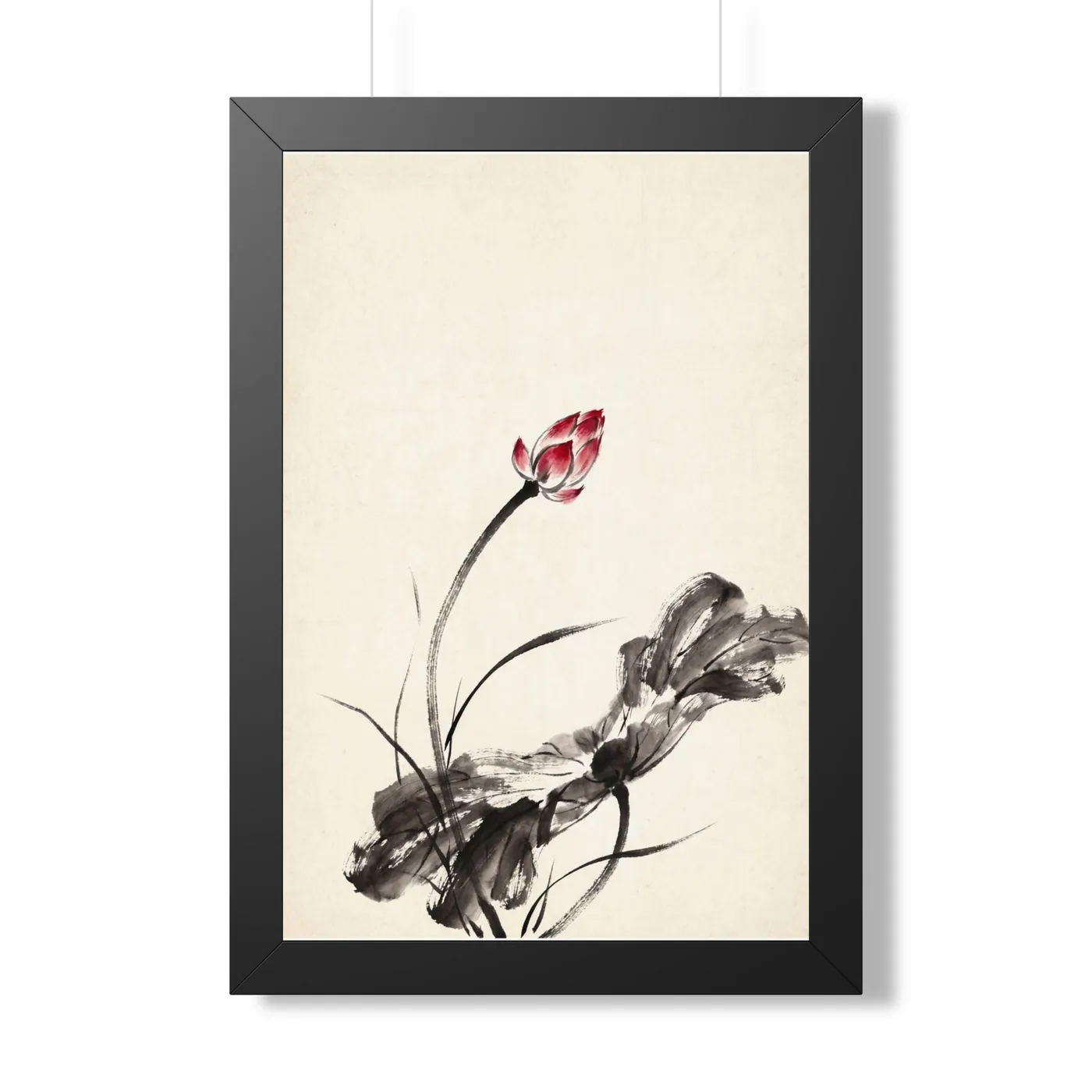 Framed Japanese Wall Art | Lotus Flower Bud Sumi-e Ink Print | Black and White Zen Decor | A1 Ready Poster Print