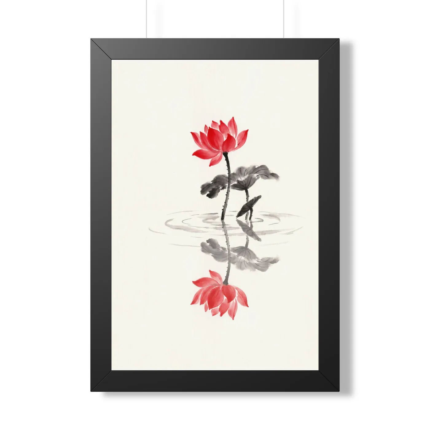 Framed Japanese Wall Art | Lotus Flower Reflection Sumi-e Ink Print | Black and White Zen Decor | A1 Ready Poster Print