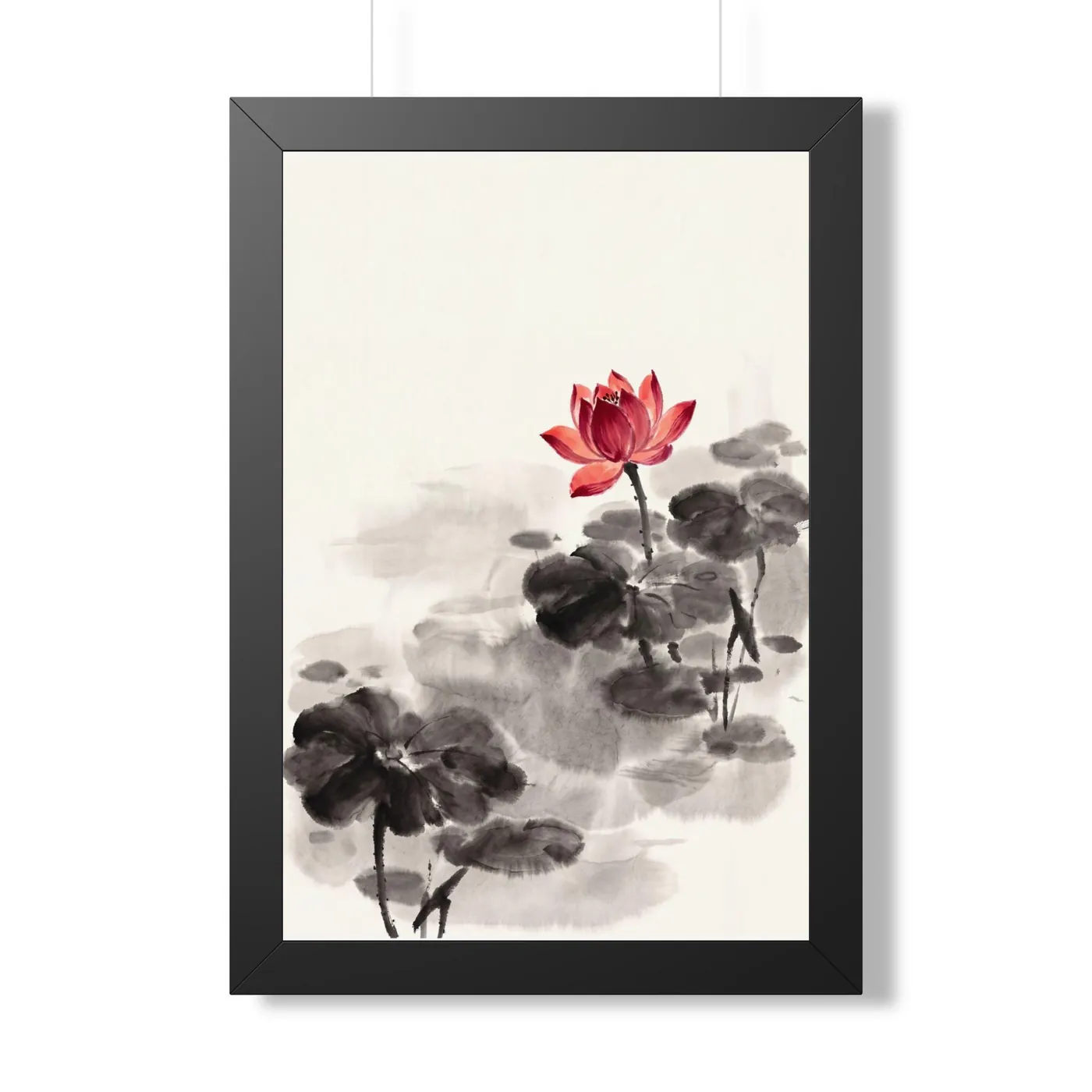 Framed Japanese Wall Art | Lotus Flower Pond Sumi-e Ink Print | Black and White Zen Decor | A1 Ready Poster Print