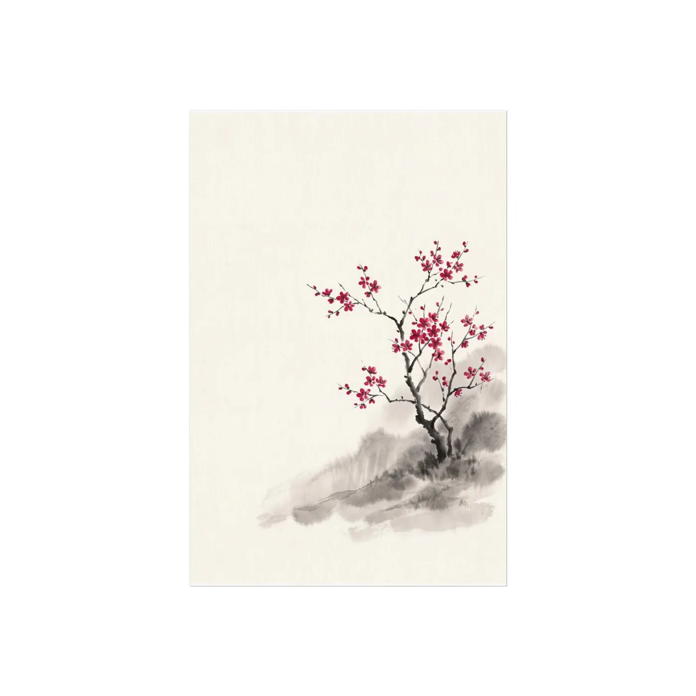 Botanical Wall Art | Cherry Blossom Lone Tree Sumi-e Ink Print | Black and White Zen Decor | A1 Ready Poster Print