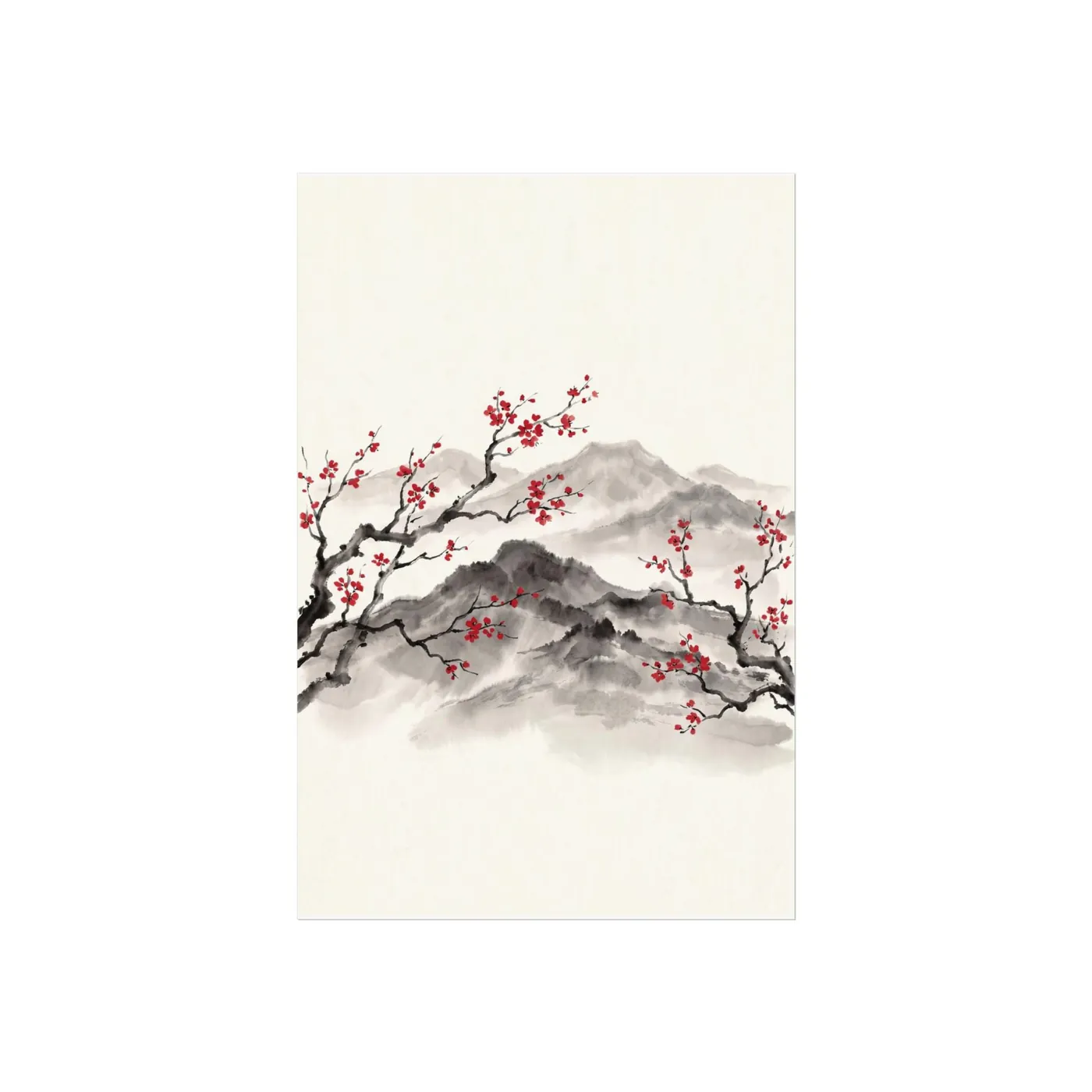Japanese Landscape Art | Cherry Blossom Mountain Sumi-e Ink Print | Black and White Zen Decor | A1 Ready Poster Print