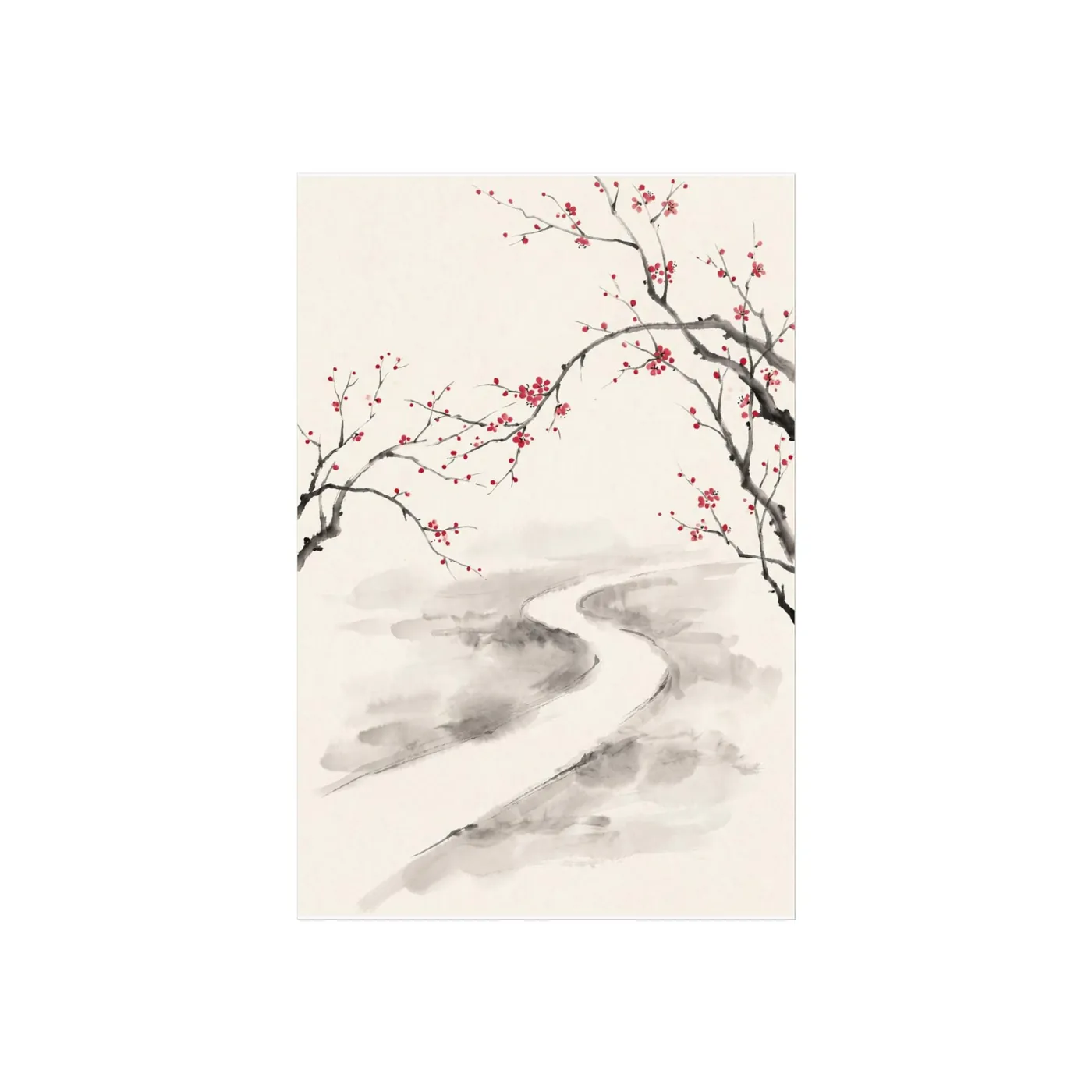 Botanical Wall Art | Cherry Blossom Path Sumi-e Ink Print | Black and White Zen Decor | A1 Ready Poster Print