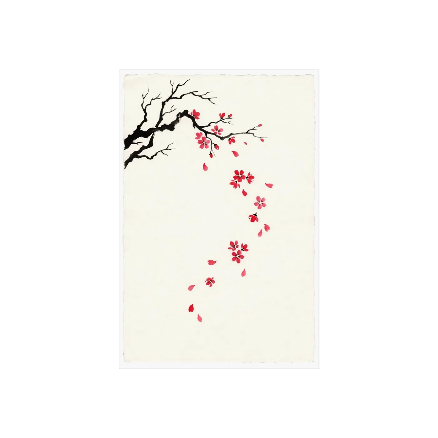 Botanical Wall Art | Cherry Blossom Petals Fall Sumi-e Ink Print | Black and White Zen Decor | A1 Ready Poster Print