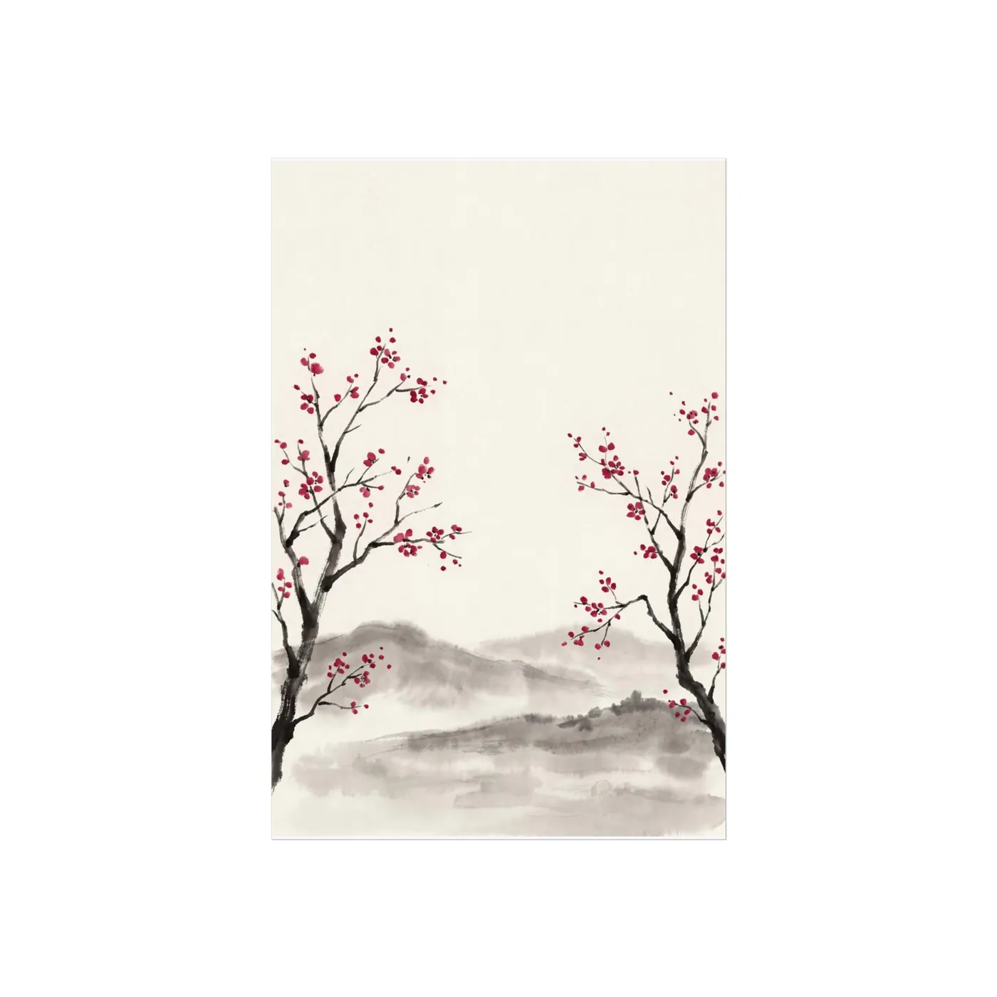 Botanical Wall Art | Cherry Blossom Two Trees Sumi-e Ink Print | Black and White Zen Decor | A1 Ready Poster Print