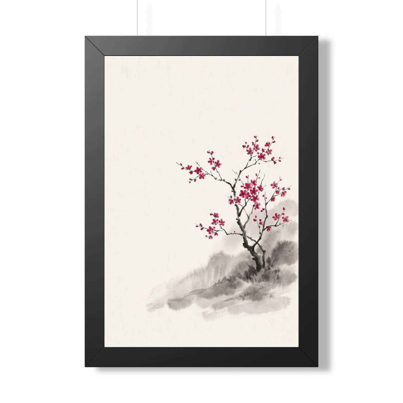Framed Japanese Wall Art | Cherry Blossom Lone Tree Sumi-e Ink Print | Black and White Zen Decor | A1 Ready Poster Print