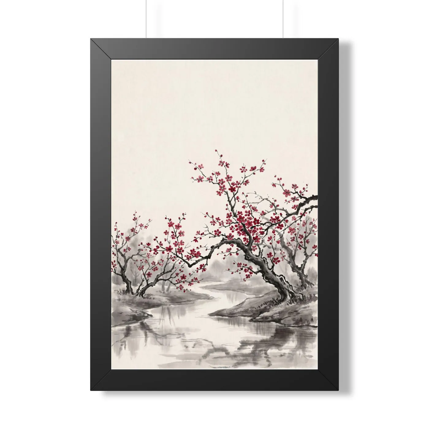 Framed Japanese Wall Art | Cherry Blossom River Sumi-e Ink Print | Black and White Zen Decor | A1 Ready Poster Print