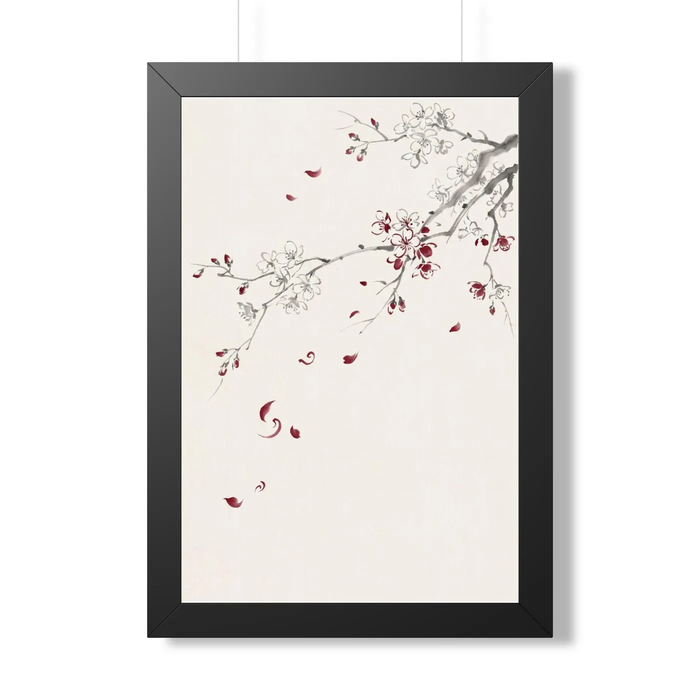Framed Japanese Wall Art | Cherry Blossom Swirl Petals Sumi-e Ink Print | Black and White Zen Decor | A1 Ready Poster Print