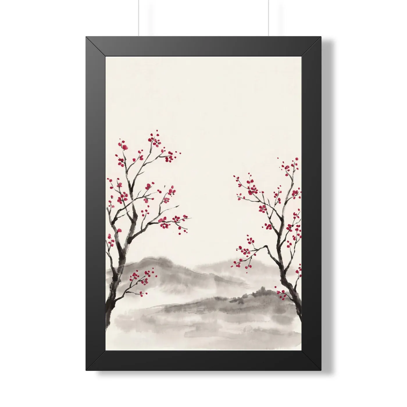 Framed Japanese Wall Art | Cherry Blossom Two Trees Sumi-e Ink Print | Black and White Zen Decor | A1 Ready Poster Print