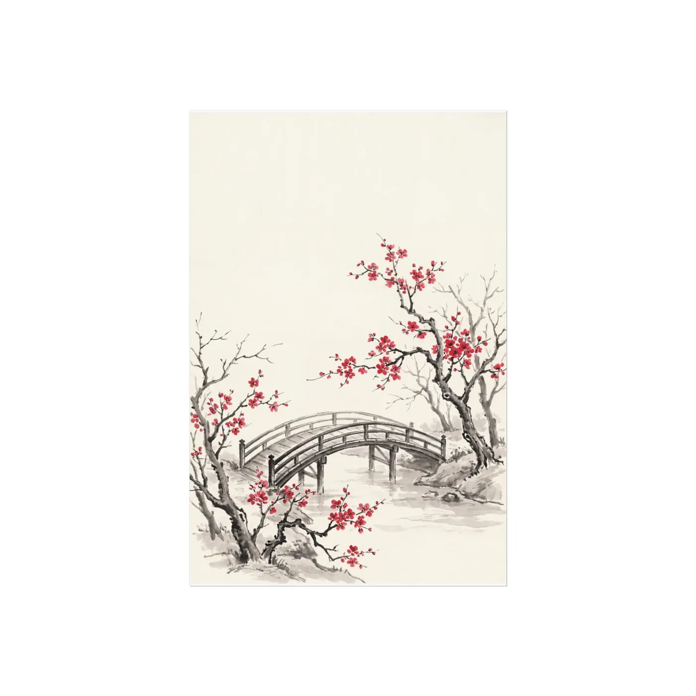 Botanical Wall Art | Cherry Blossom Bridge Sumi-e Ink Print | Black and White Zen Decor | A1 Ready Poster Print