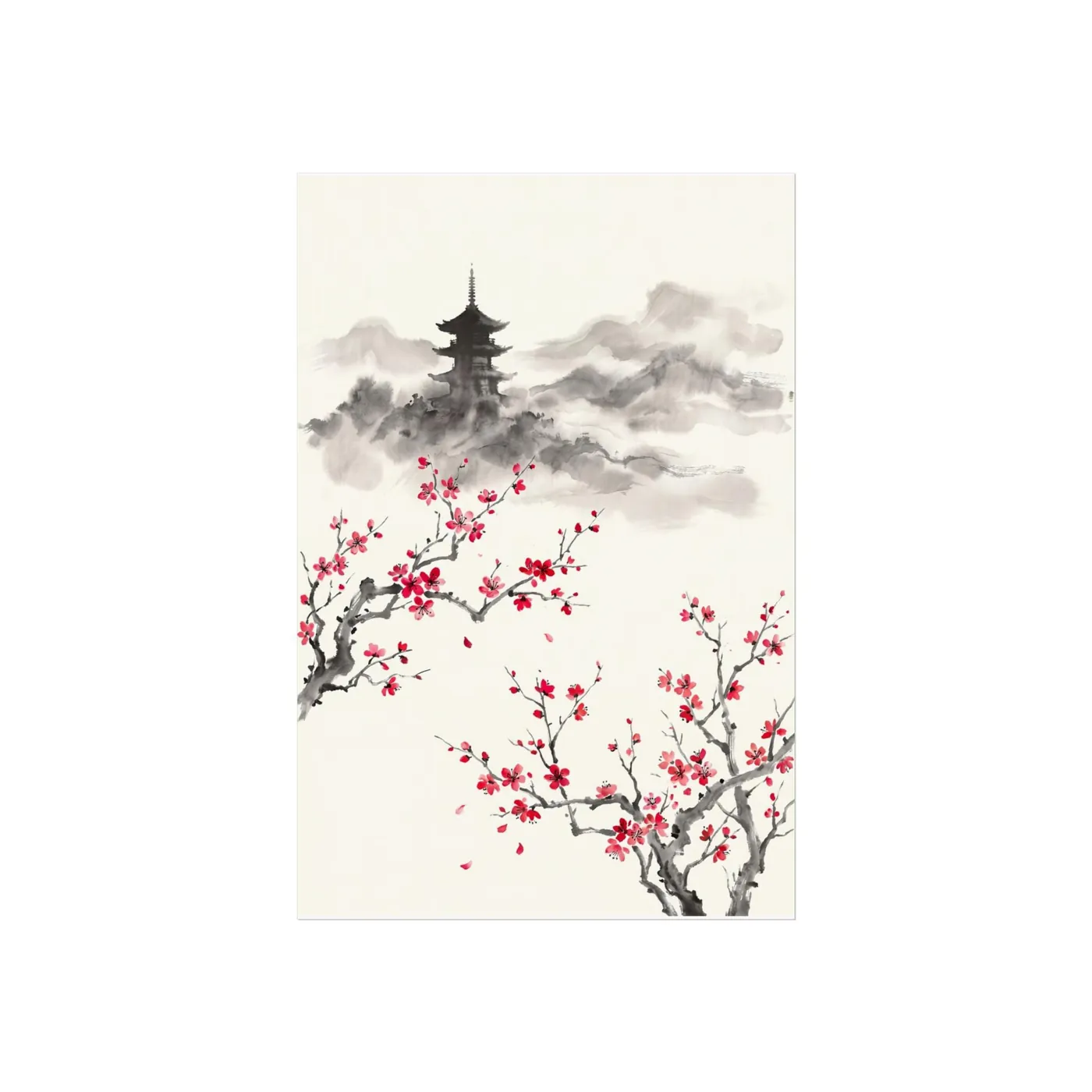 Botanical Wall Art | Cherry Blossom Pagoda Sumi-e Ink Print | Black and White Zen Decor | A1 Ready Poster Print