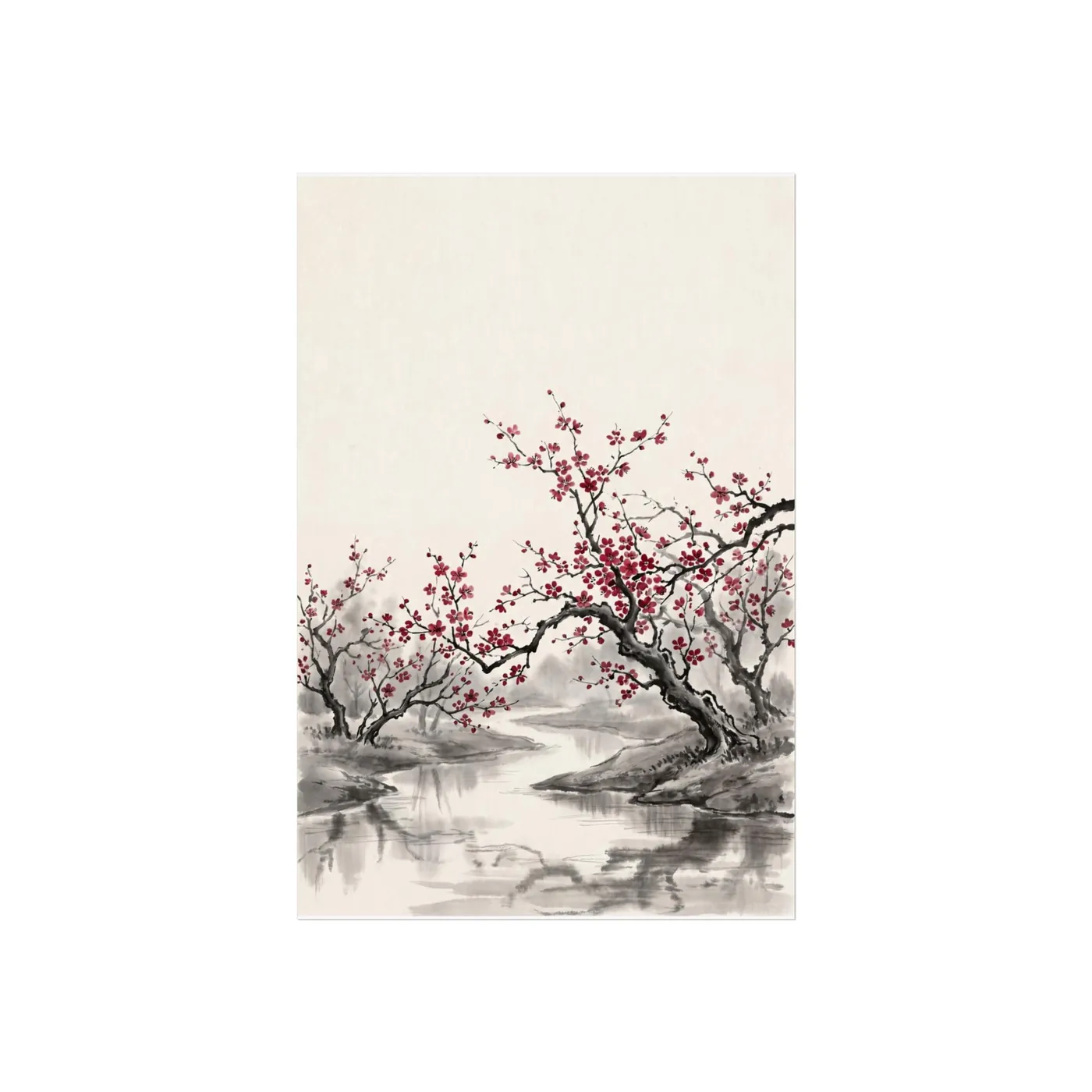 Botanical Wall Art | Cherry Blossom River Sumi-e Ink Print | Black and White Zen Decor | A1 Ready Poster Print