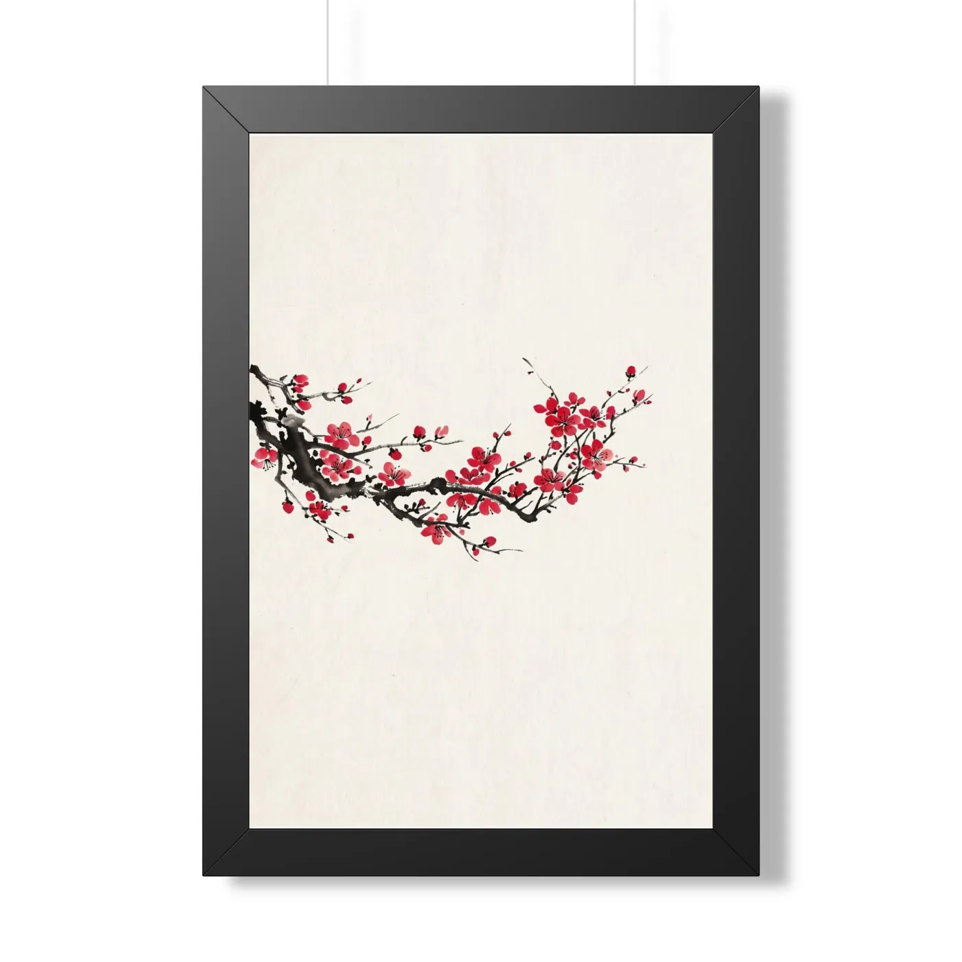Framed Japanese Wall Art | Cherry Blossom Branch Sumi-e Ink Print | Black and White Zen Decor | A1 Ready Poster Print