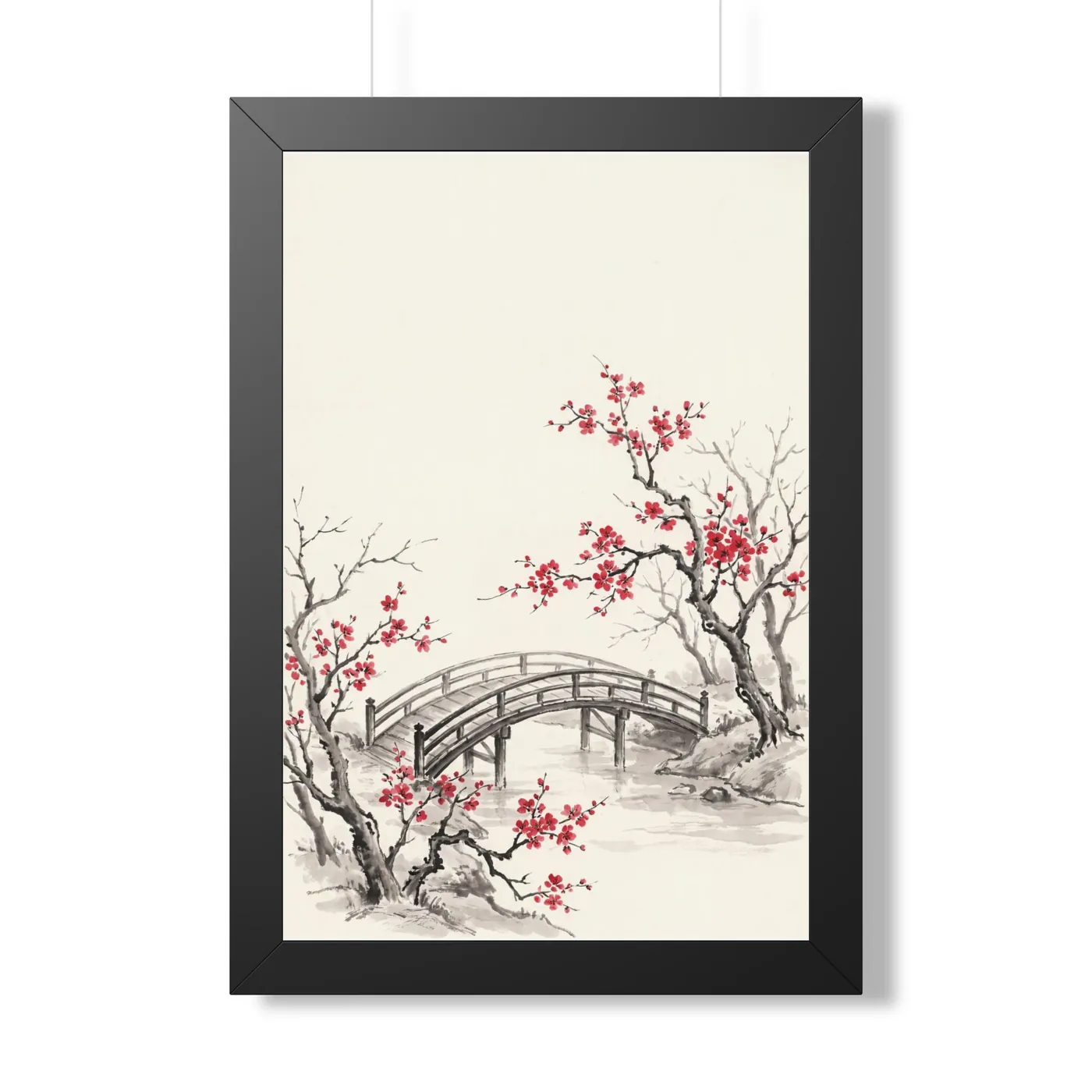 Framed Japanese Wall Art | Cherry Blossom Bridge Sumi-e Ink Print | Black and White Zen Decor | A1 Ready Poster Print