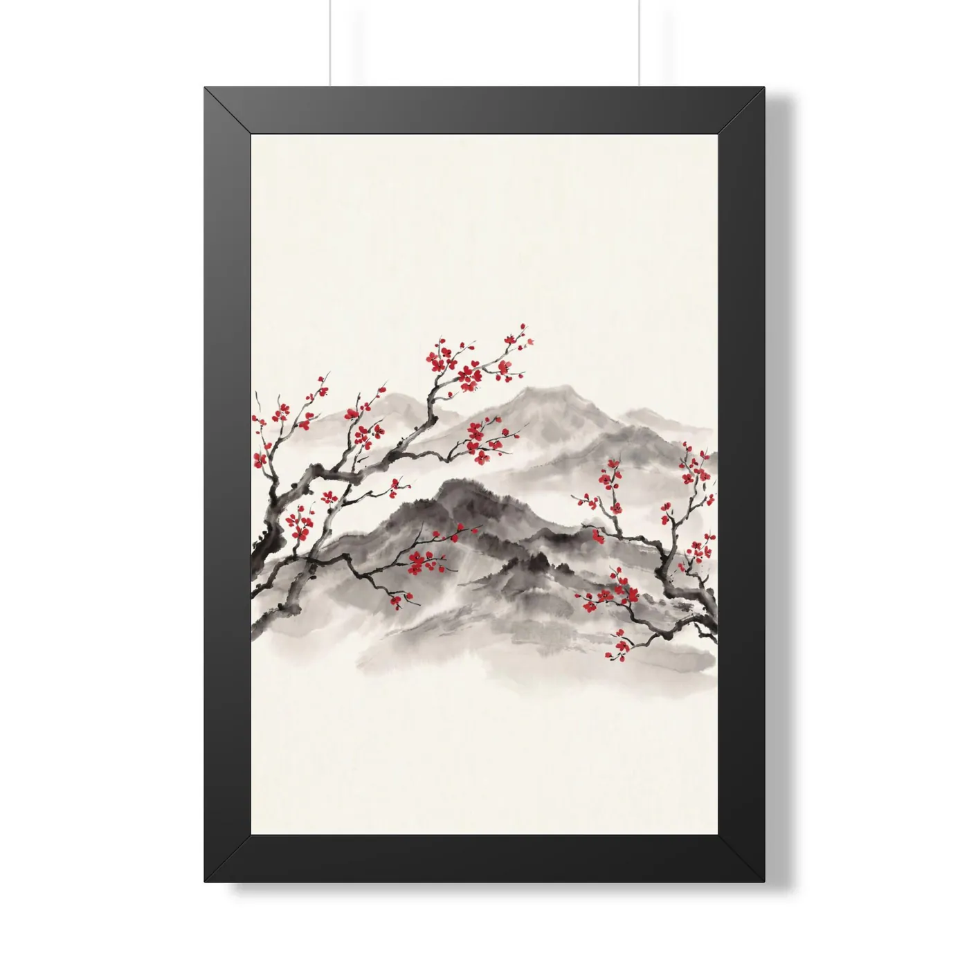 Framed Japanese Wall Art | Cherry Blossom Mountain Sumi-e Ink Print | Black and White Zen Decor | A1 Ready Poster Print