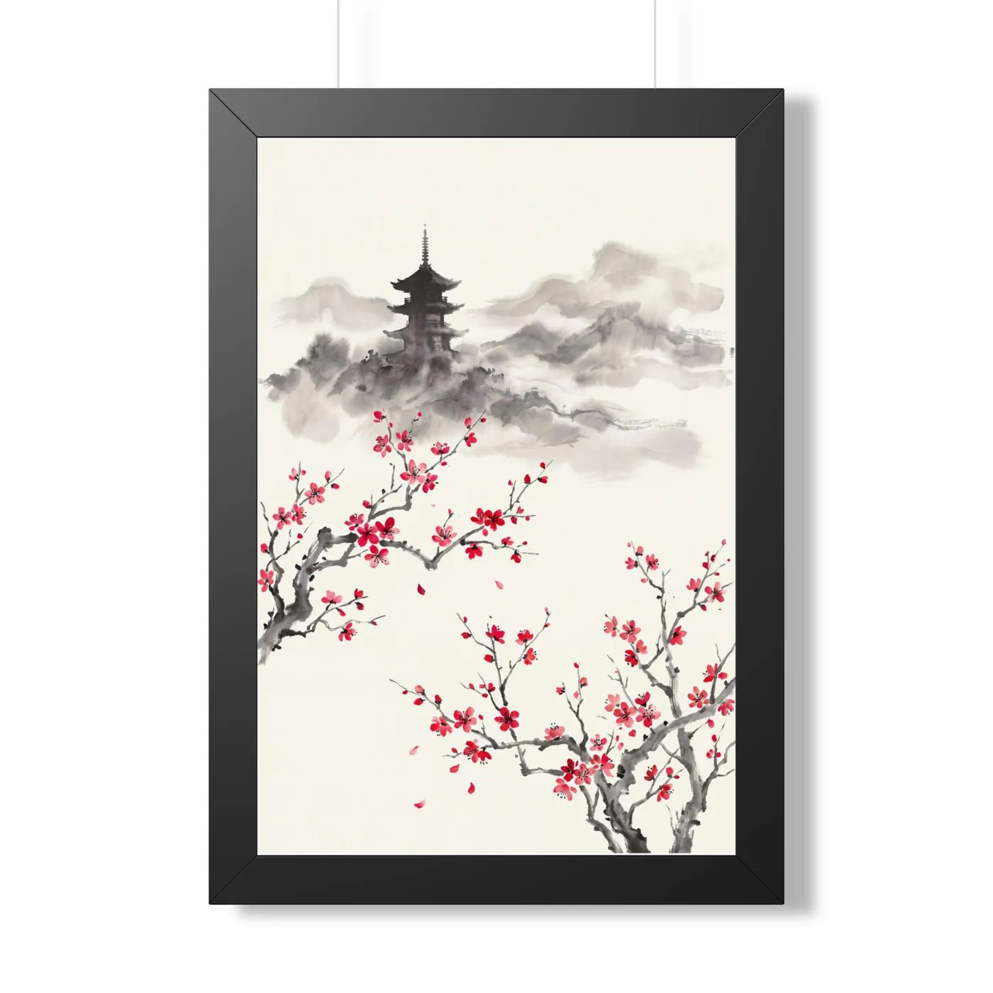 Framed Japanese Wall Art | Cherry Blossom Pagoda Sumi-e Ink Print | Black and White Zen Decor | A1 Ready Poster Print