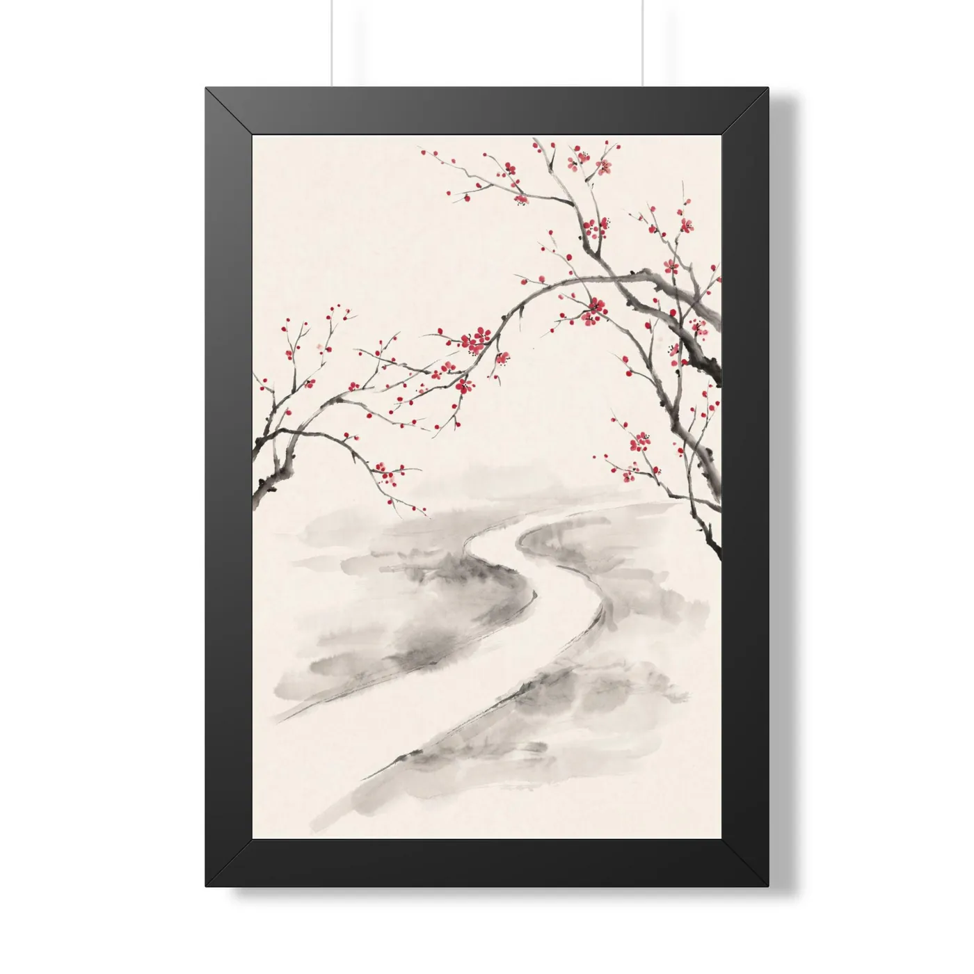 Framed Japanese Wall Art | Cherry Blossom Path Sumi-e Ink Print | Black and White Zen Decor | A1 Ready Poster Print