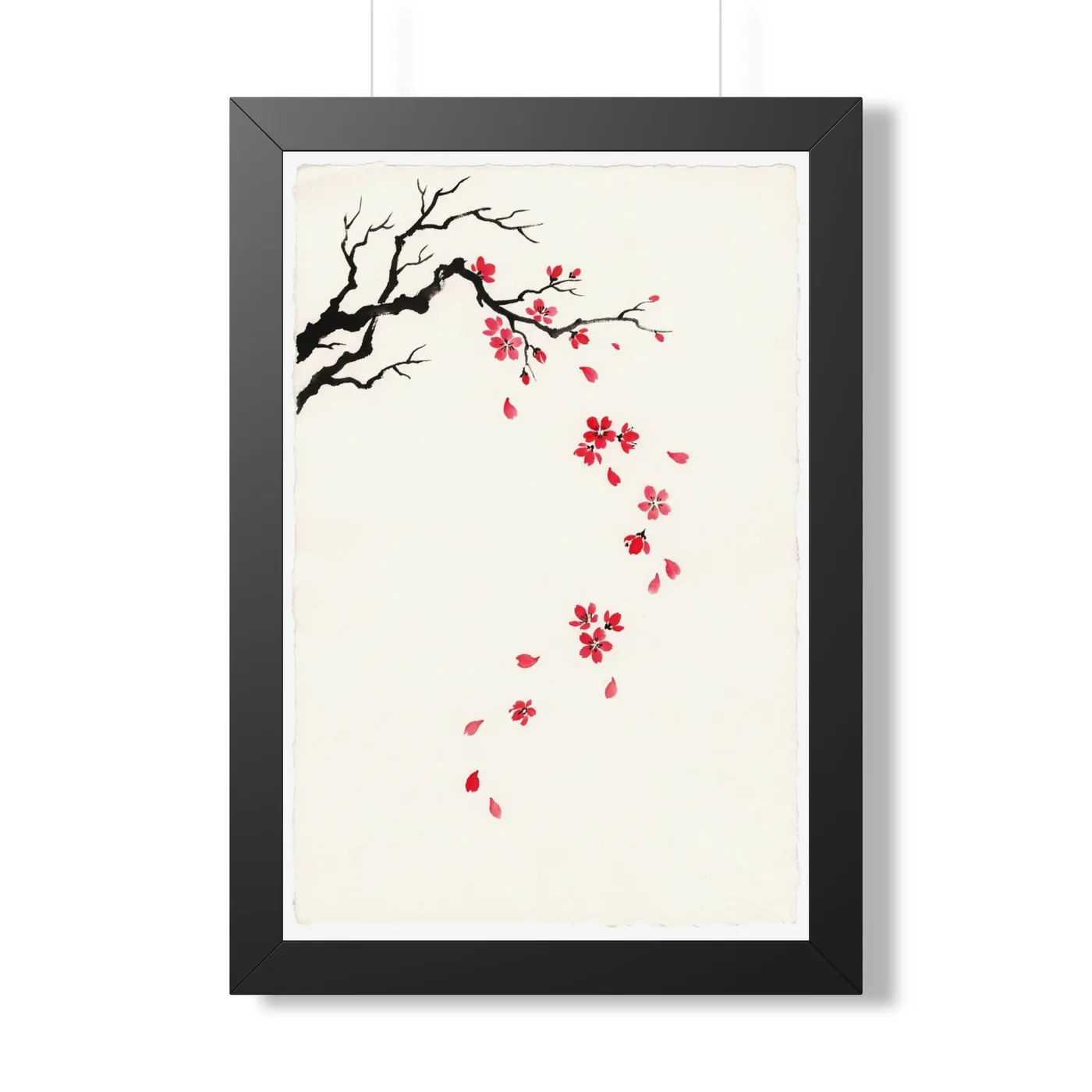 Framed Japanese Wall Art | Cherry Blossom Petals Fall Sumi-e Ink Print | Black and White Zen Decor | A1 Ready Poster Print
