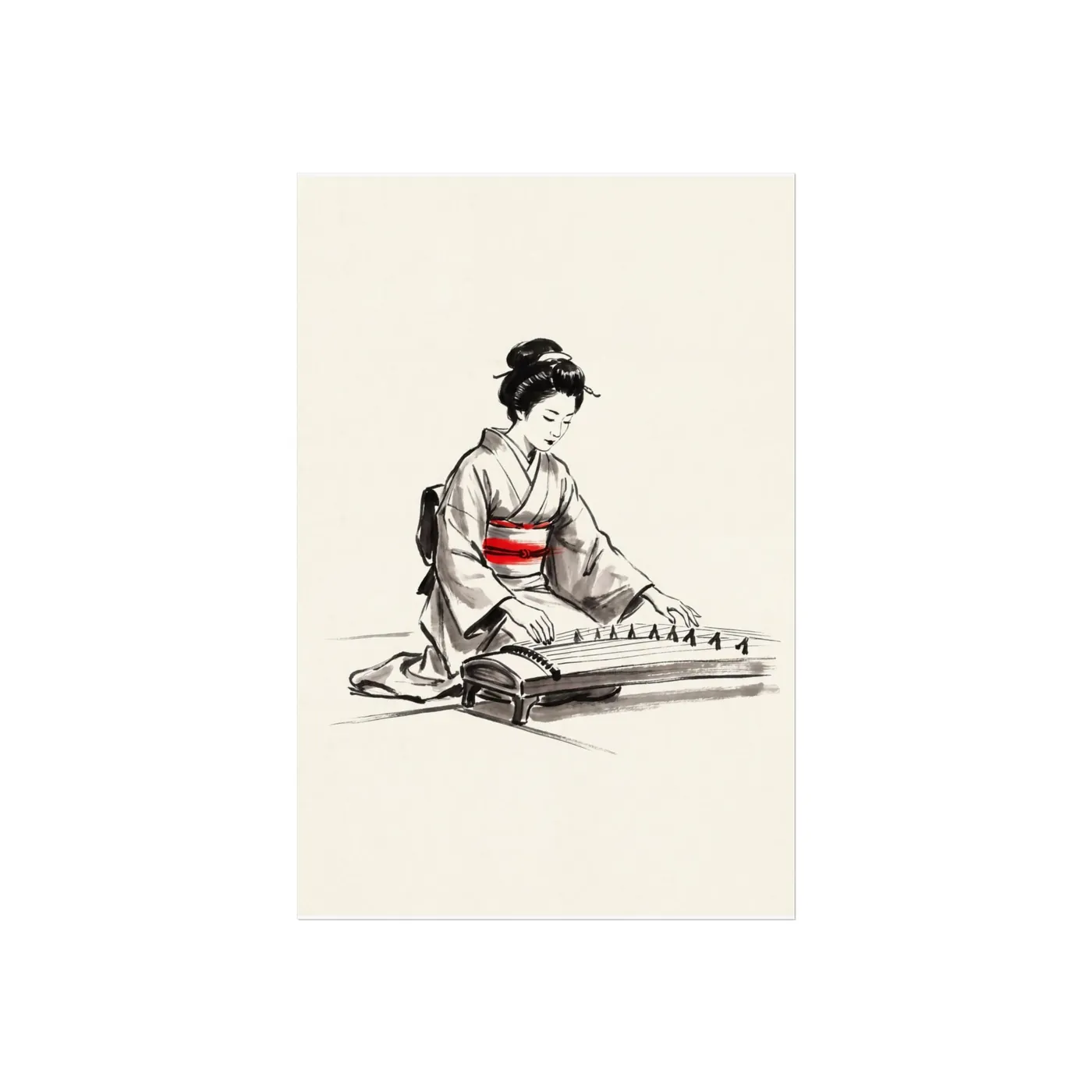 Japanese Wall Art | Woman Koto Sumi-e Ink Print | Black and White Zen Decor | A1 Ready Poster Print | Living Room Decor