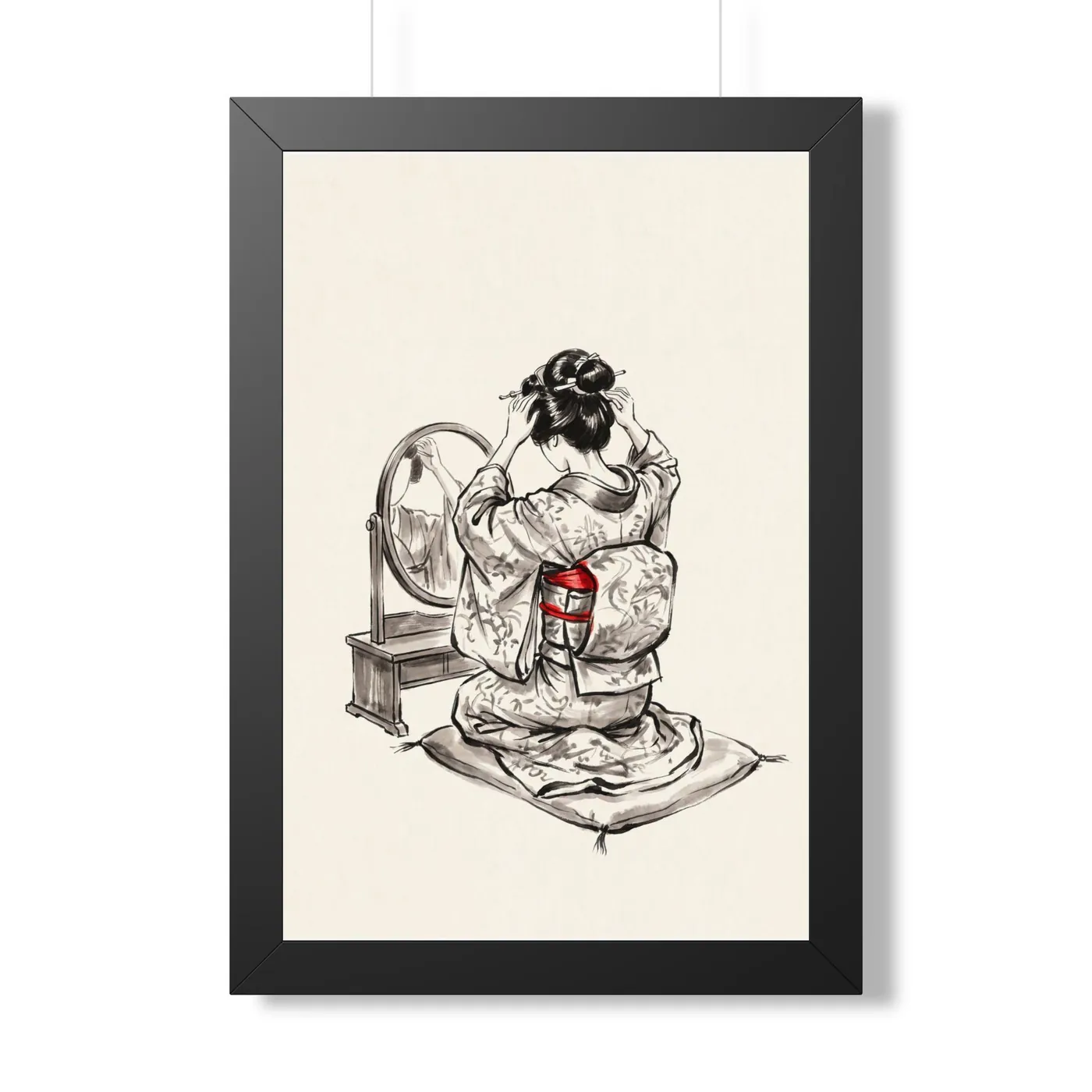 Framed Japanese Wall Art | Woman Geisha Mirror Sumi-e Ink Print | Black and White Zen Decor | A1 Ready Poster Print