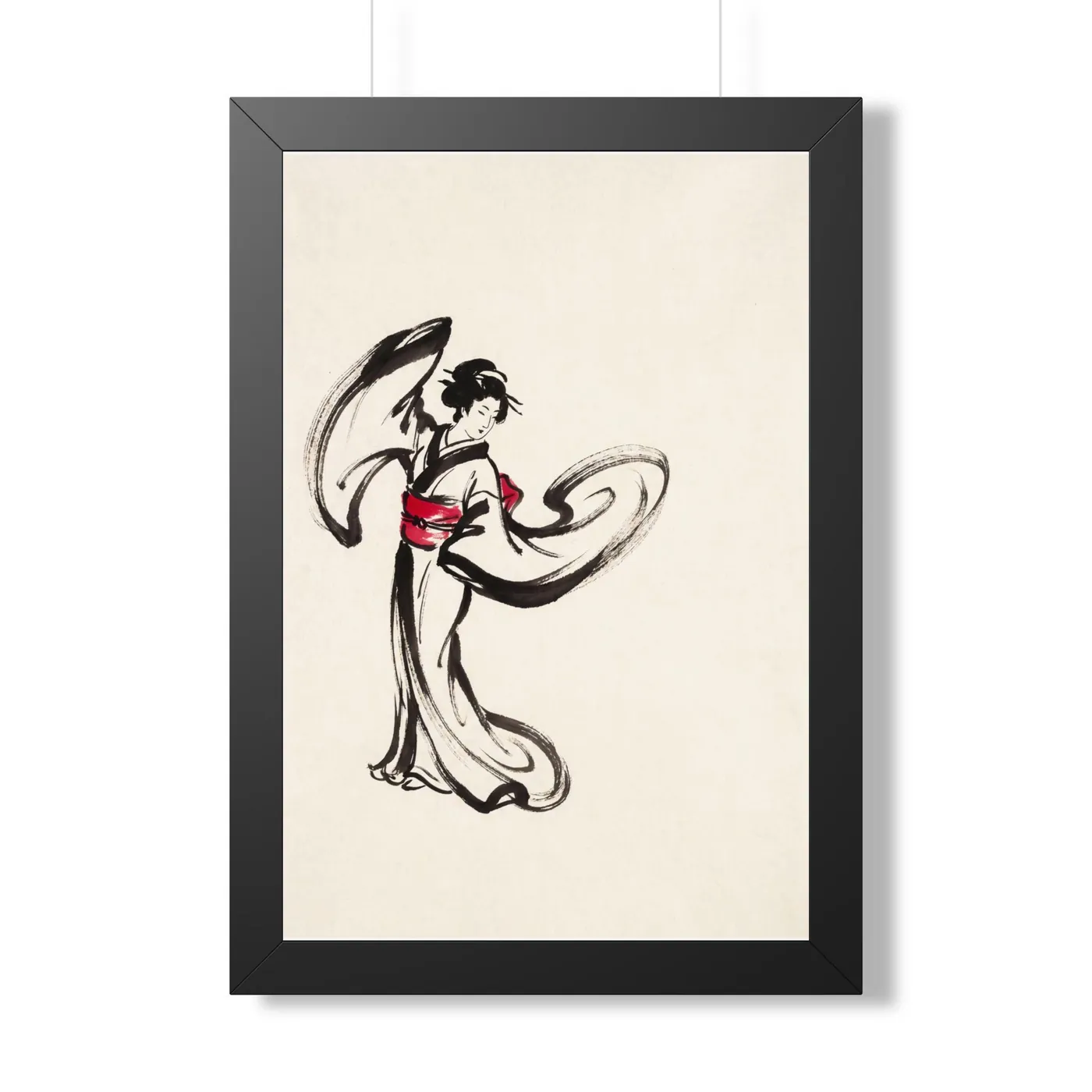 Framed Japanese Wall Art | Serene Dancer Woman Sumi-e Ink Print | Black and White Zen Decor | A1 Ready Poster Print