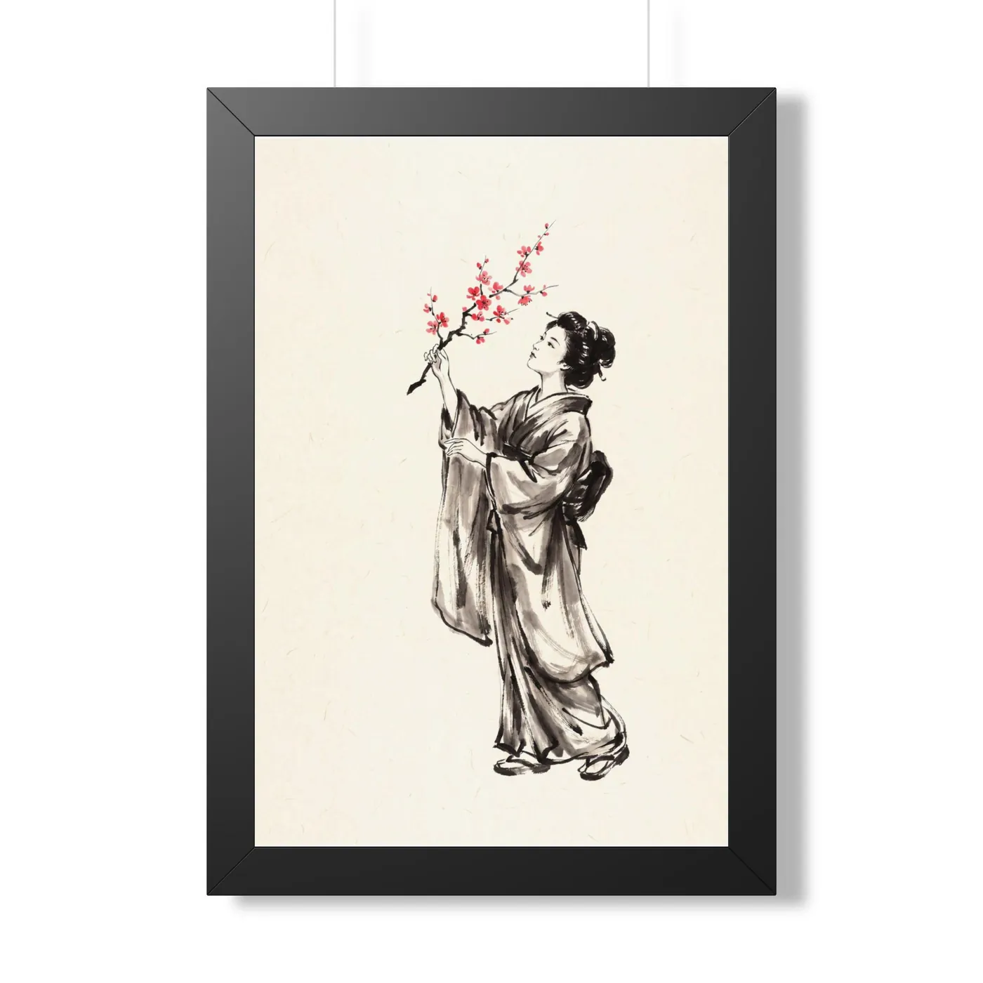 Framed Japanese Wall Art | Serene Woman Cherry Branch Sumi-e Ink Print | Black and White Zen Decor | A1 Ready Poster Print