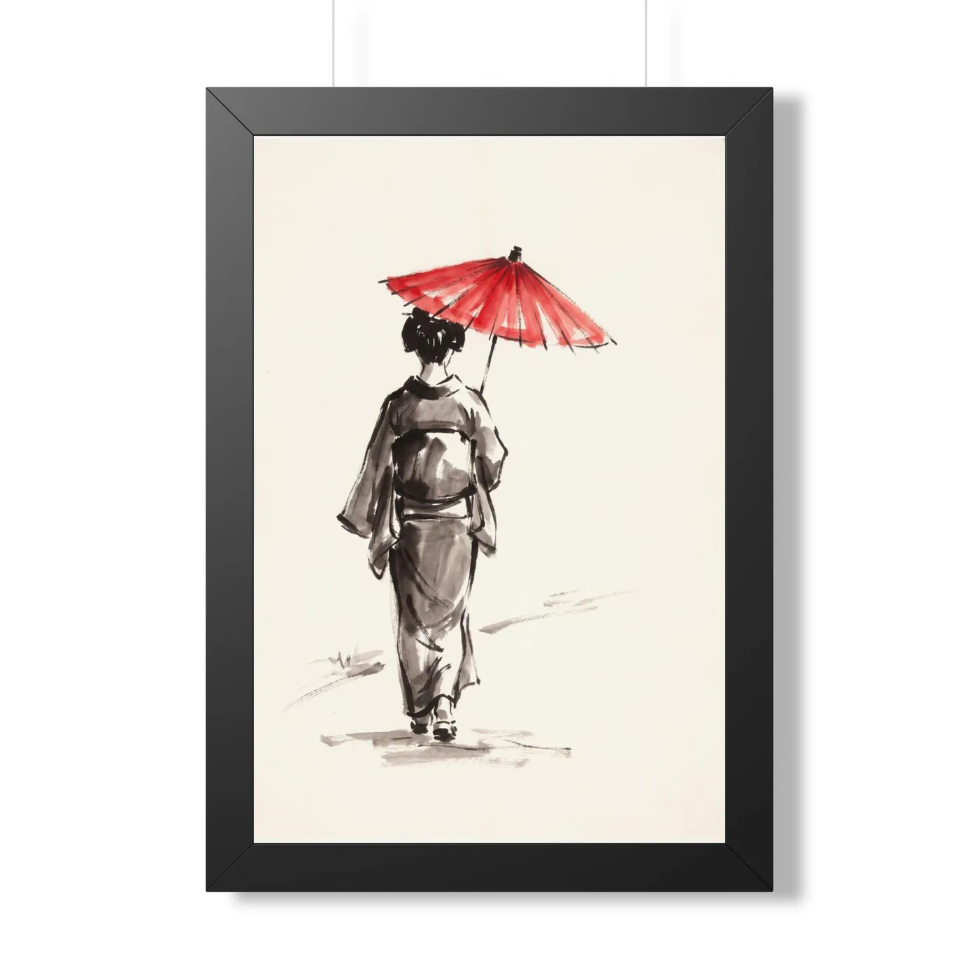 Framed Japanese Wall Art | Red Parasol Woman Sumi-e Ink Print | Black and White Zen Decor | A1 Ready Poster Print