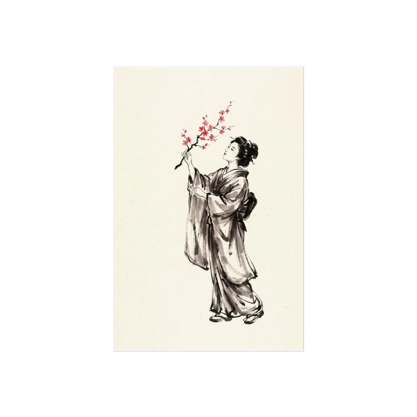 Japanese Wall Art | Woman Cherry Branch Sumi-e Ink Print | Black and White Zen Decor | A1 Ready Poster Print