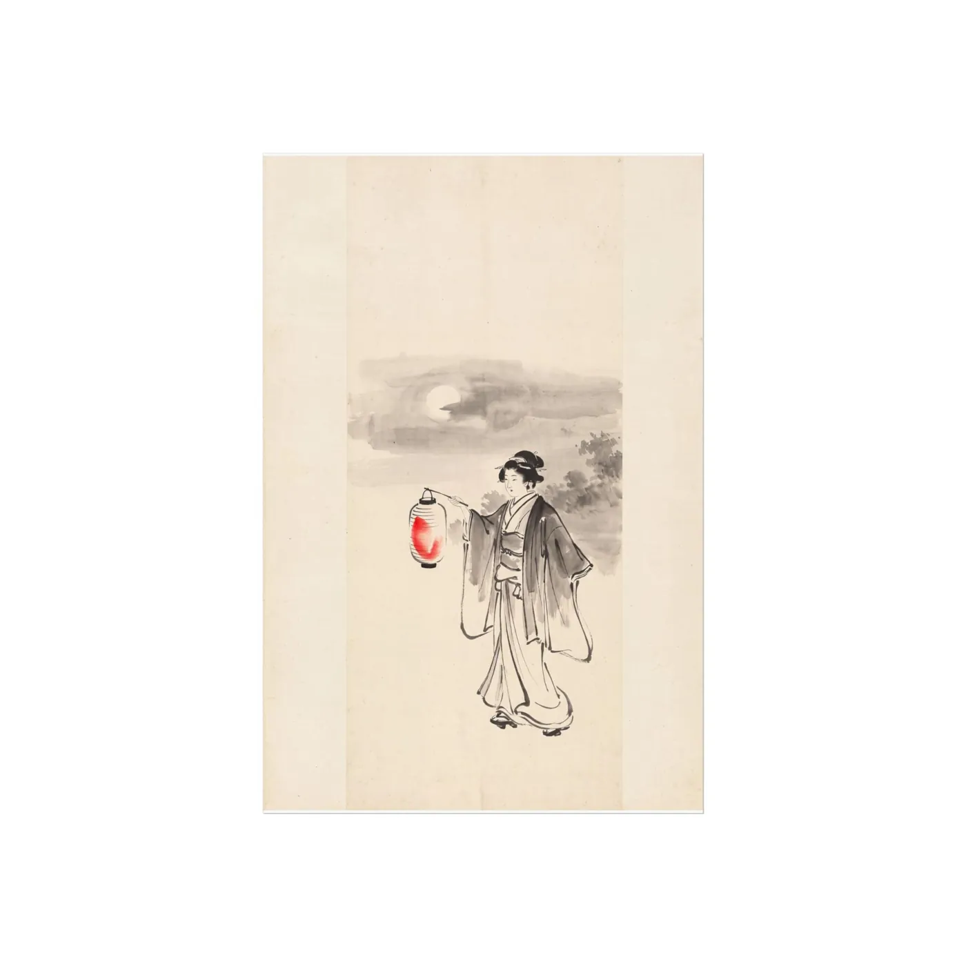 Japanese Wall Art | Woman Lantern Night Sumi-e Ink Print | Black and White Zen Decor | A1 Ready Poster Print