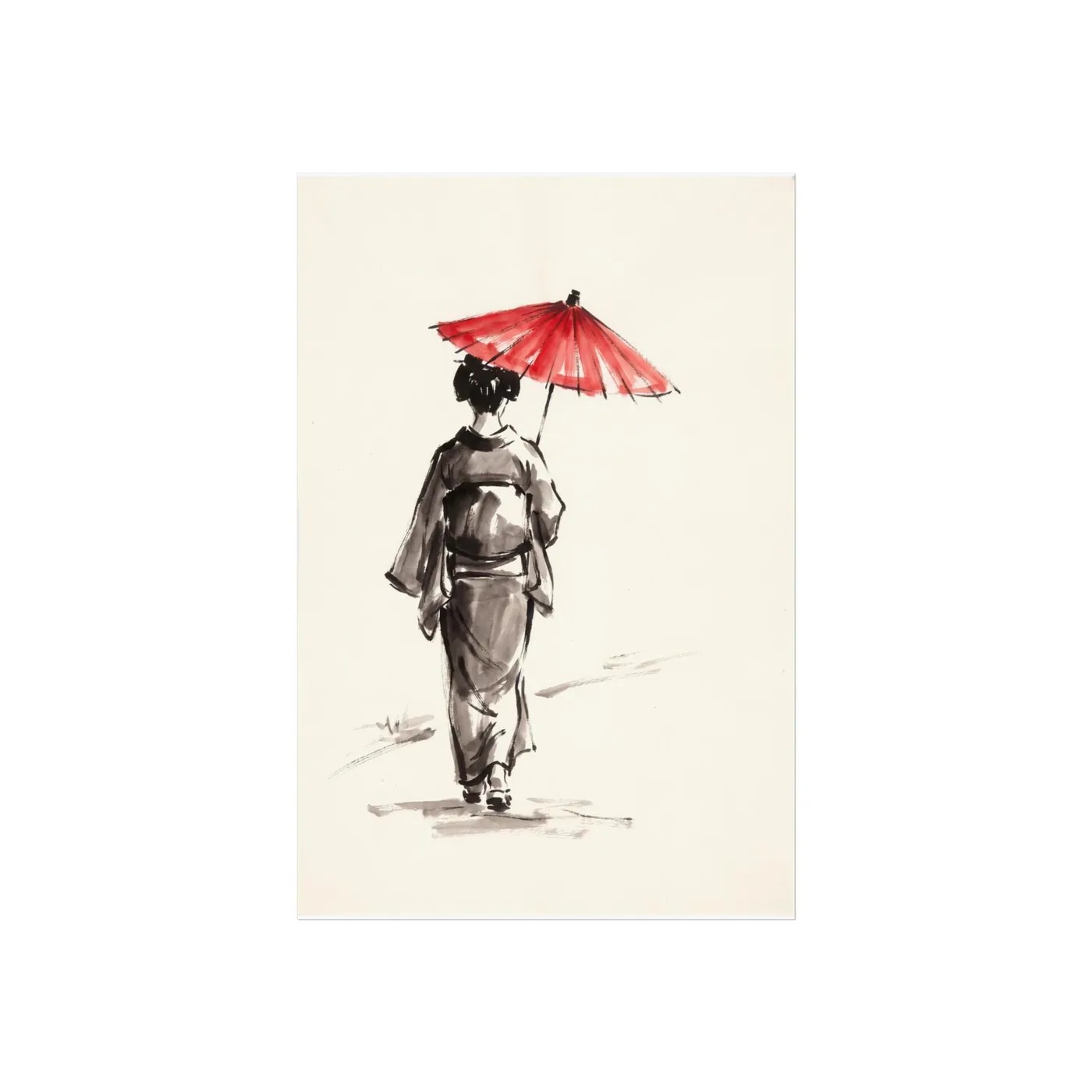 Japanese Wall Art | Woman Parasol Sumi-e Ink Print | Black and White Zen Decor | A1 Ready Poster Print | Living Room Decor