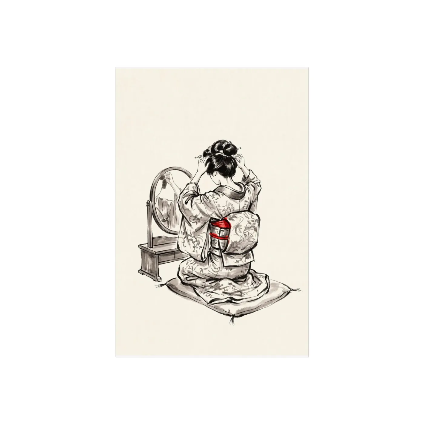 Japanese Wall Art | Woman Geisha Mirror Sumi-e Ink Print | Black and White Zen Decor | A1 Ready Poster Print